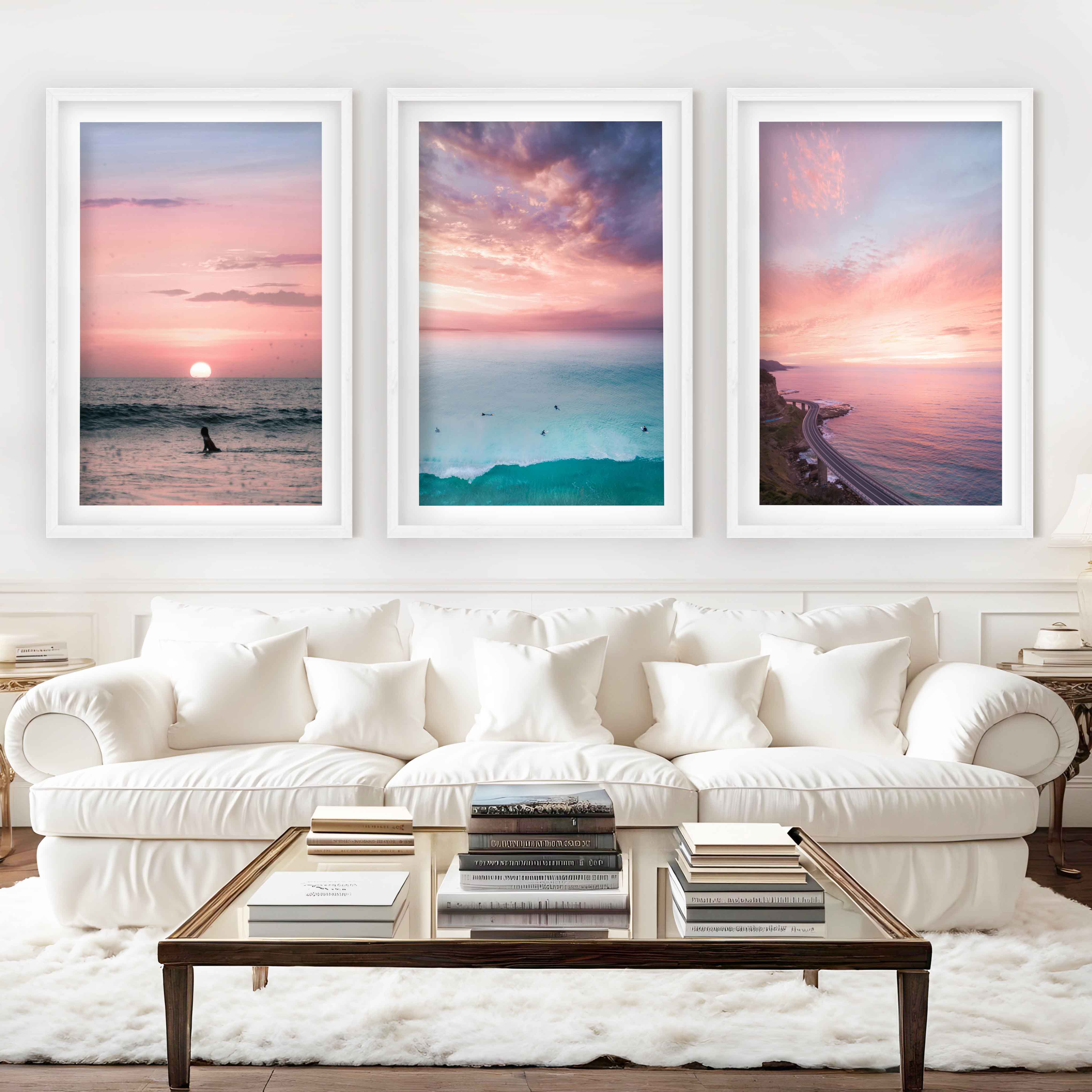 Pink Beach Wall Decor – Pastel Sunset Ocean Print Set (3 Pieces) - White Framed Poster with White Border - Artworksets