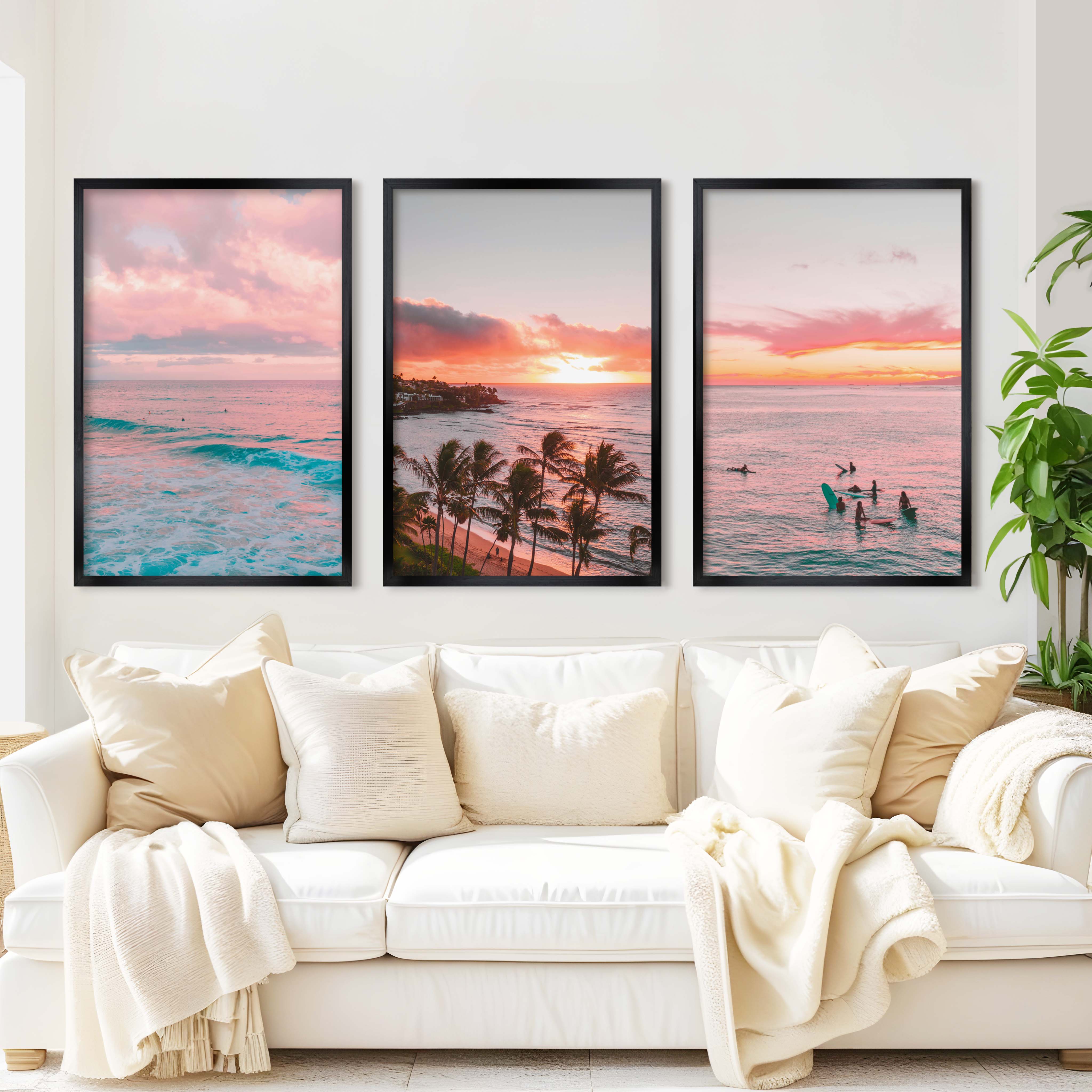 Pink Coastal Wall Art – Tropical Sunset Surf Set (3 Pieces) - Black Framed Poster No Border - Artworksets