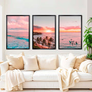 Pink Coastal Wall Art – Tropical Sunset Surf Set (3 Pieces) - Black Framed Poster No Border - Artworksets