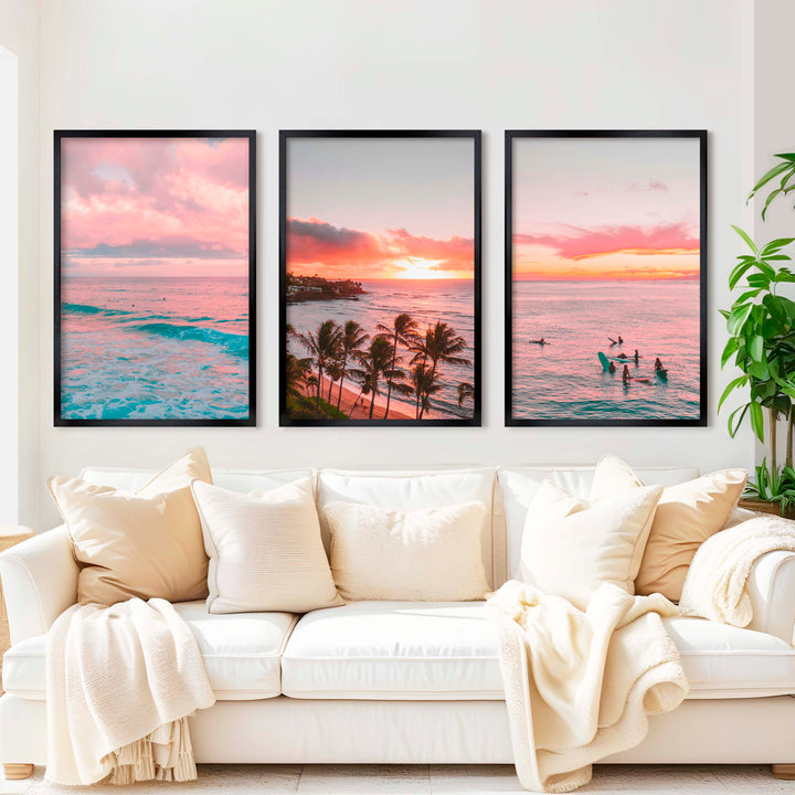 Pink Coastal Wall Art – Tropical Sunset Surf Set (3 Pieces) - Black Framed Poster No Border - Artworksets
