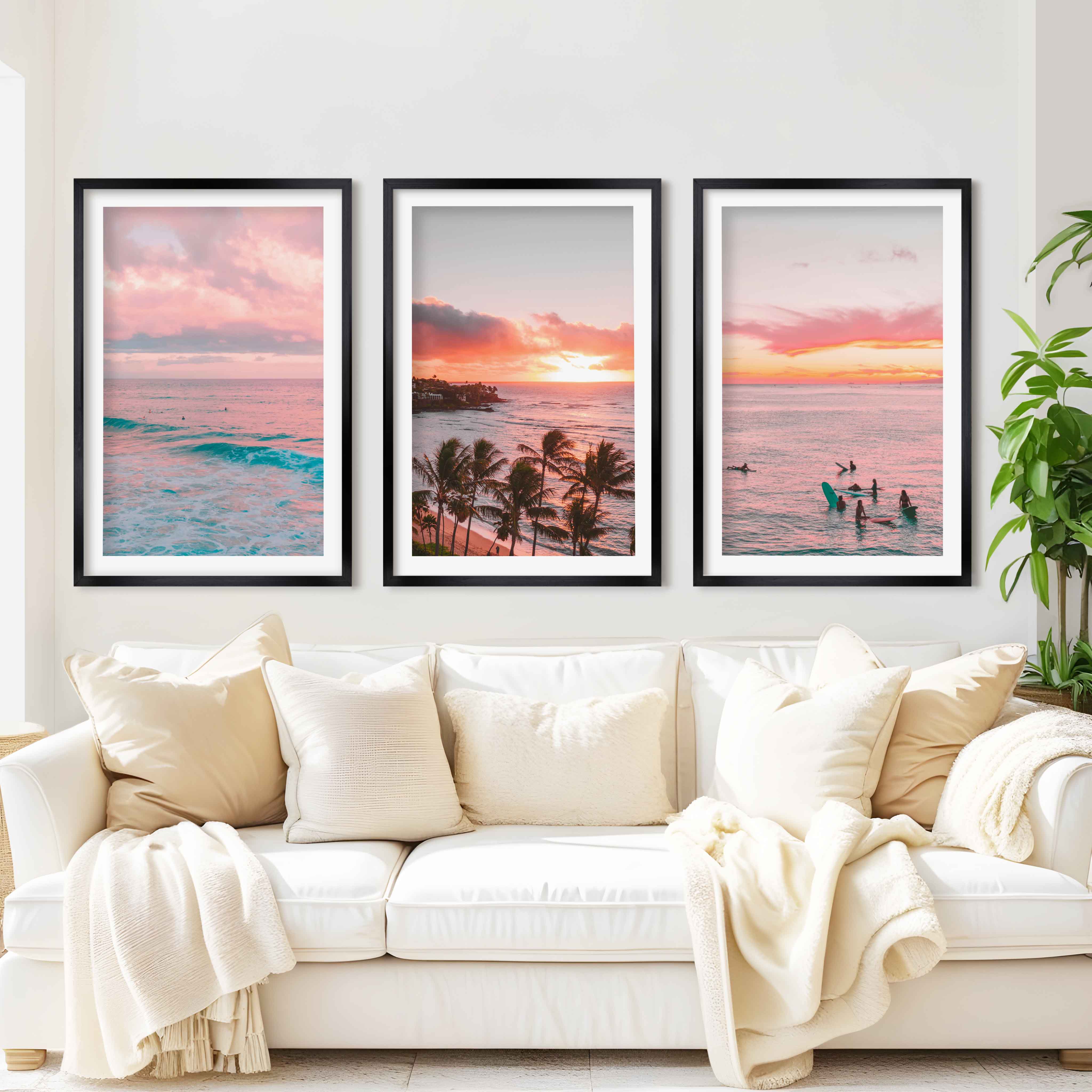 Pink Coastal Wall Art – Tropical Sunset Surf Set (3 Pieces) - Black Framed Poster with White Border - Artworksets