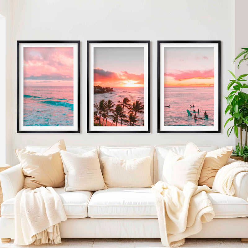 Pink Coastal Wall Art – Tropical Sunset Surf Set (3 Pieces) - Black Framed Poster with White Border - Artworksets
