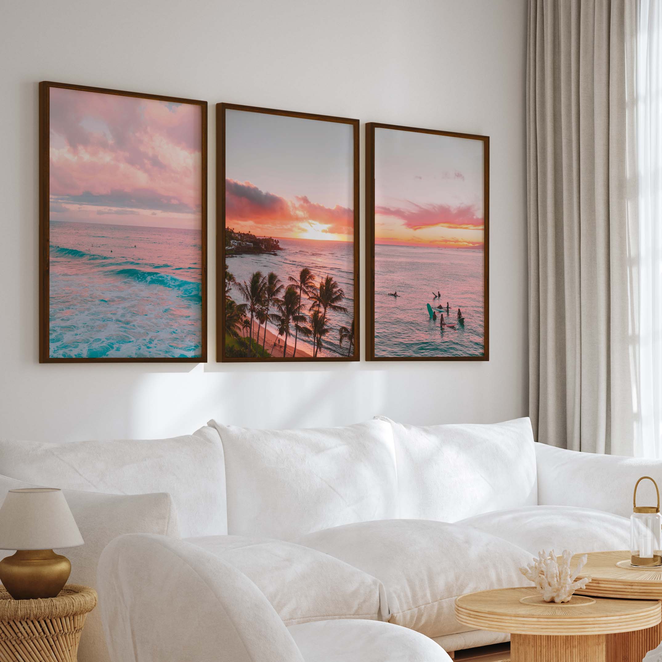 Pink Coastal Wall Art – Tropical Sunset Surf Set (3 Pieces) - Dark Brown Framed Poster No Border - Artworksets