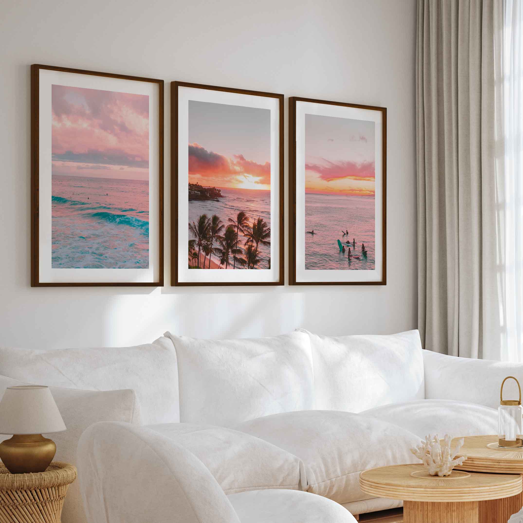 Pink Coastal Wall Art – Tropical Sunset Surf Set (3 Pieces) - Dark Brown Framed Poster with White Border - Artworksets
