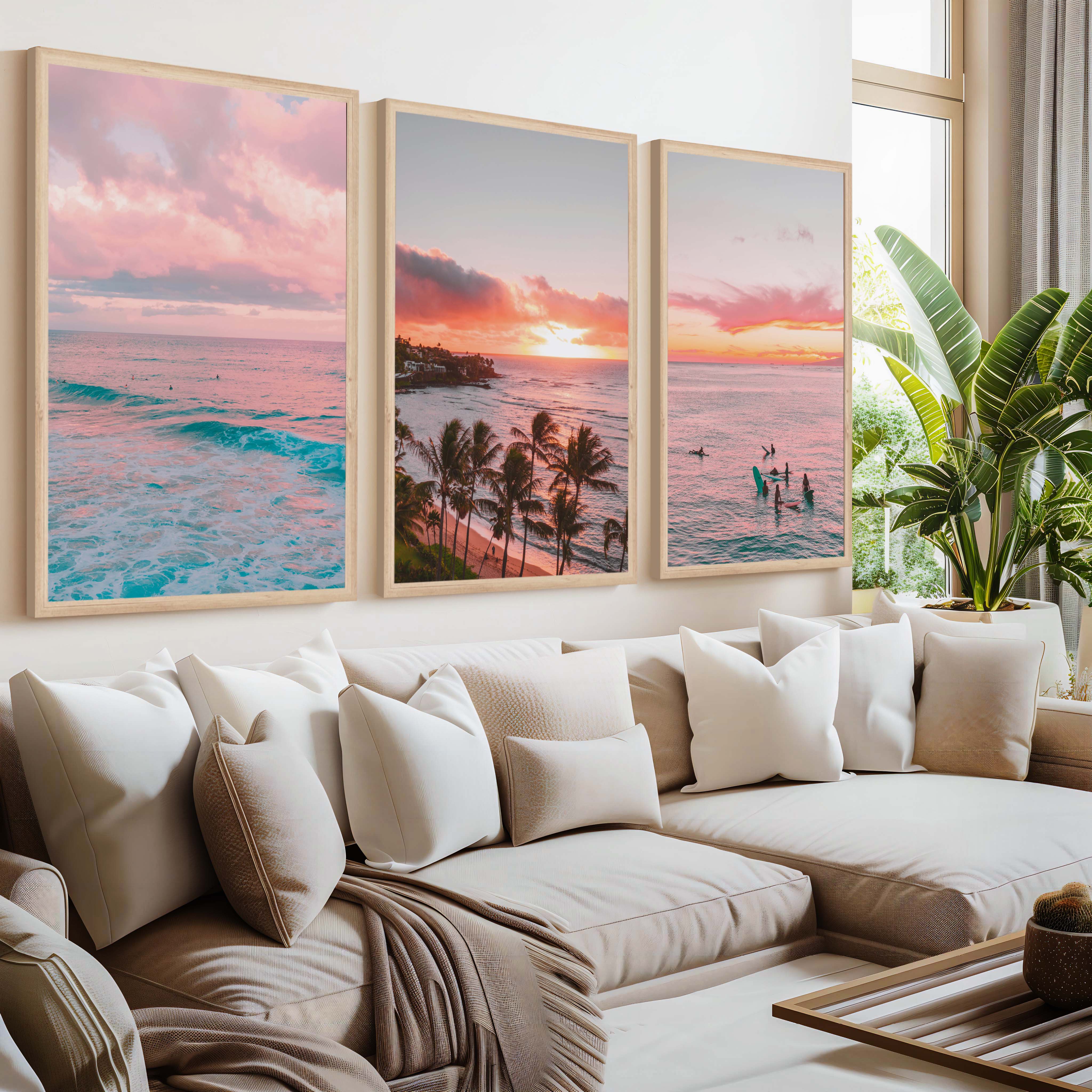 Pink Coastal Wall Art – Tropical Sunset Surf Set (3 Pieces) - Natural Wood Framed Poster No Border - Artworksets
