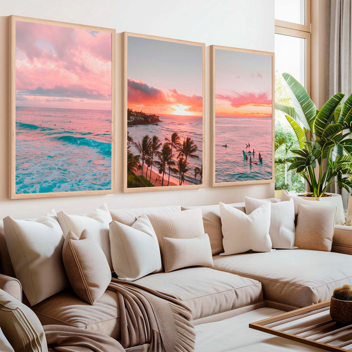 Pink Coastal Wall Art – Tropical Sunset Surf Set (3 Pieces) - Natural Wood Framed Poster No Border - Artworksets