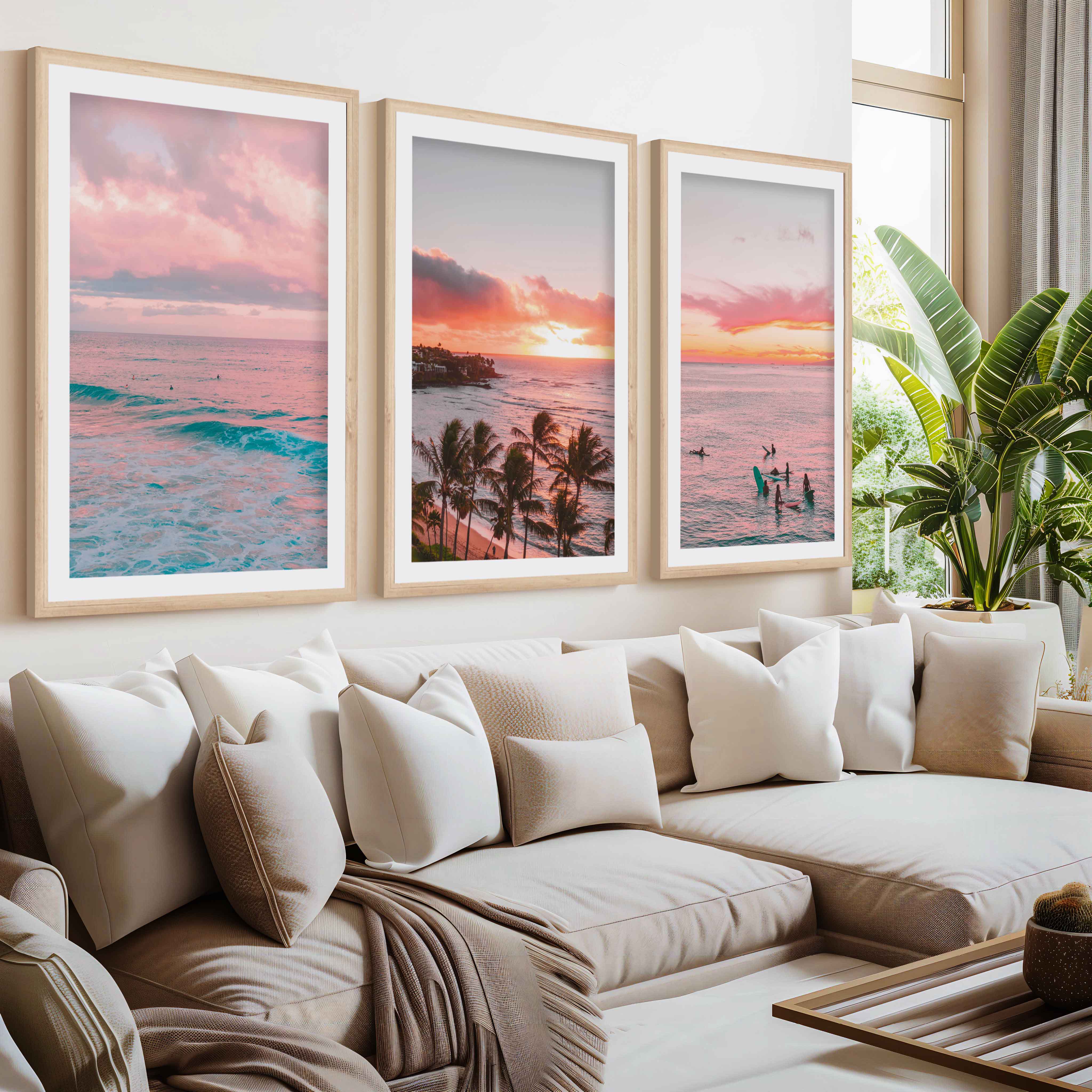 Pink Coastal Wall Art – Tropical Sunset Surf Set (3 Pieces)- Natural Wood Framed Poster with White Border - Artworksets
