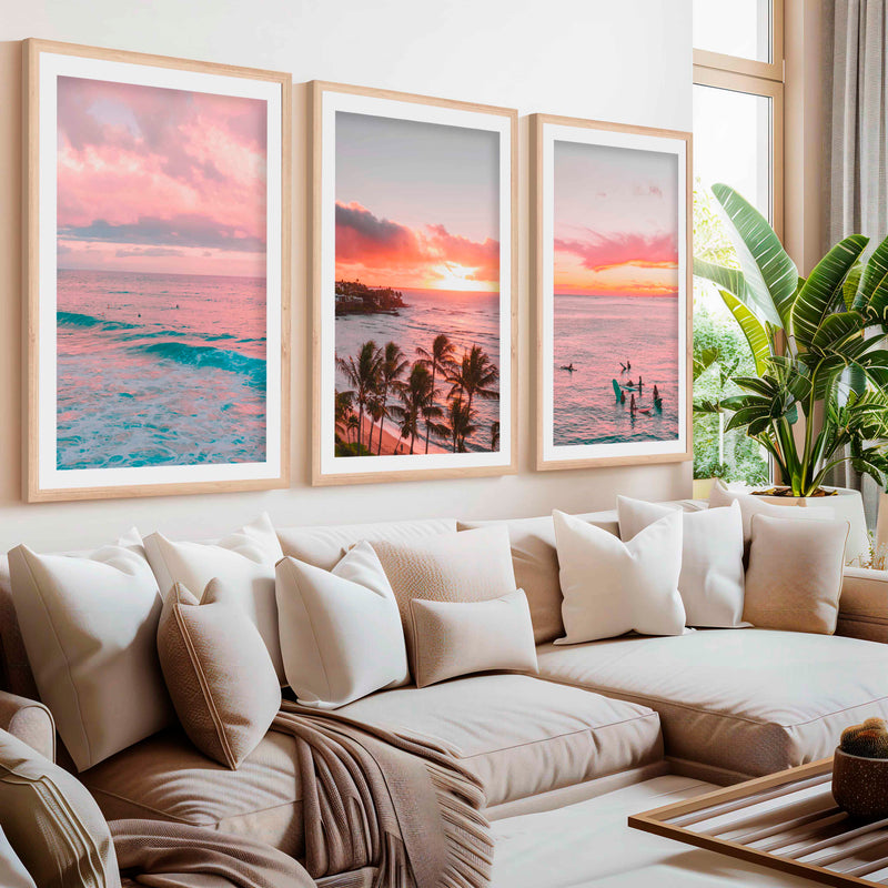 Pink Coastal Wall Art – Tropical Sunset Surf Set (3 Pieces)- Natural Wood Framed Poster with White Border - Artworksets