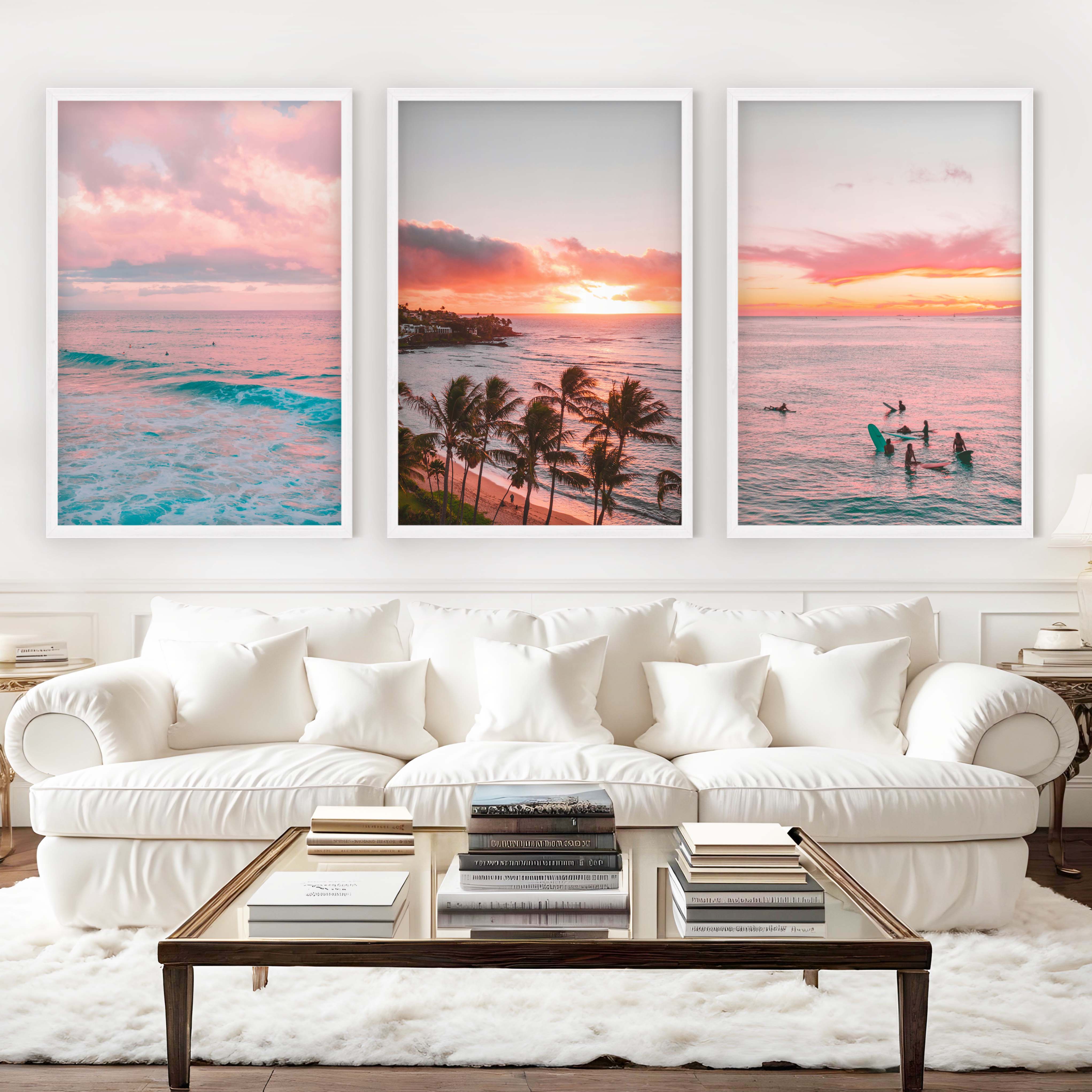 Pink Coastal Wall Art – Tropical Sunset Surf Set (3 Pieces) - White Framed Poster No Border - Artworksets