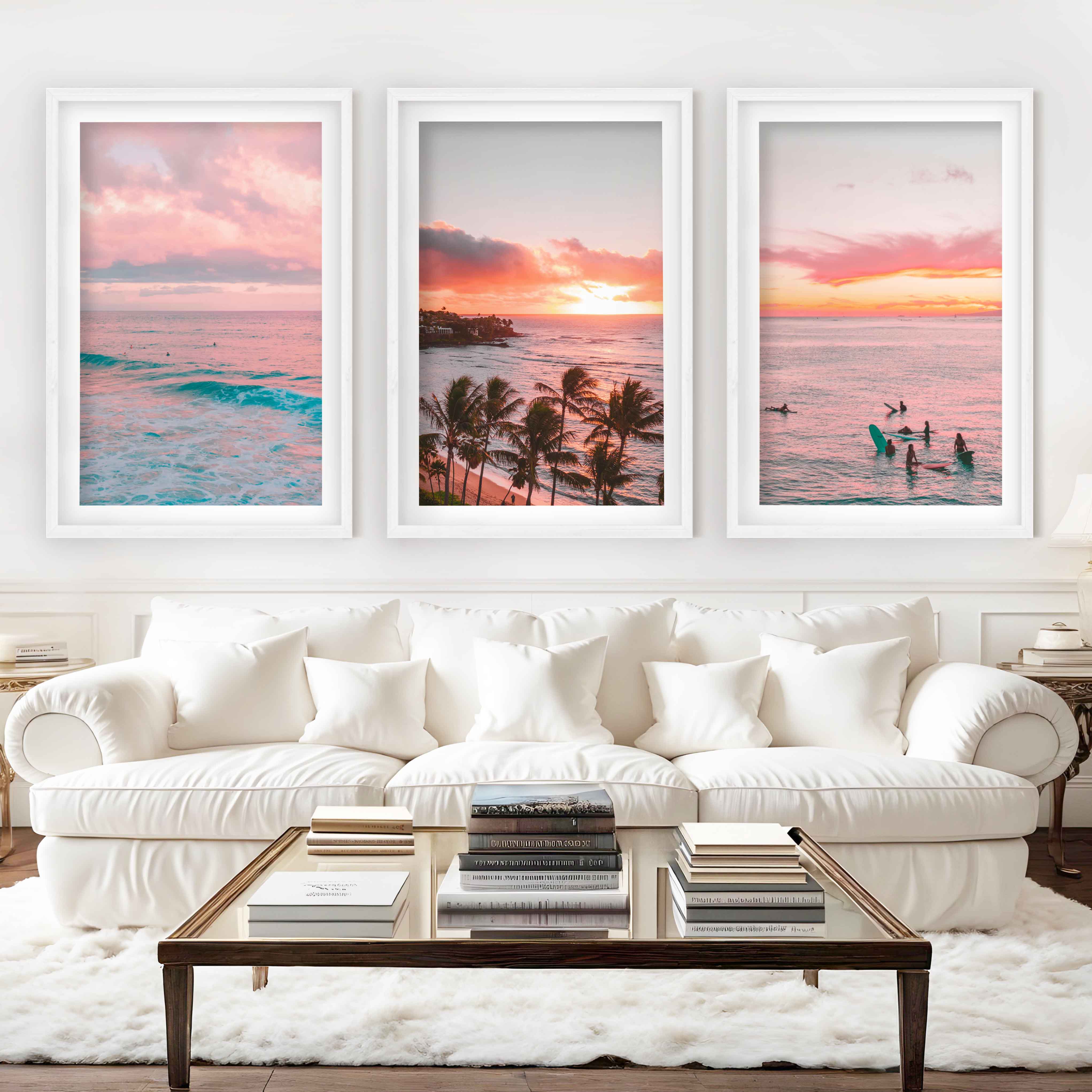 Pink Coastal Wall Art – Tropical Sunset Surf Set (3 Pieces) - White Framed Poster with White Border - Artworksets