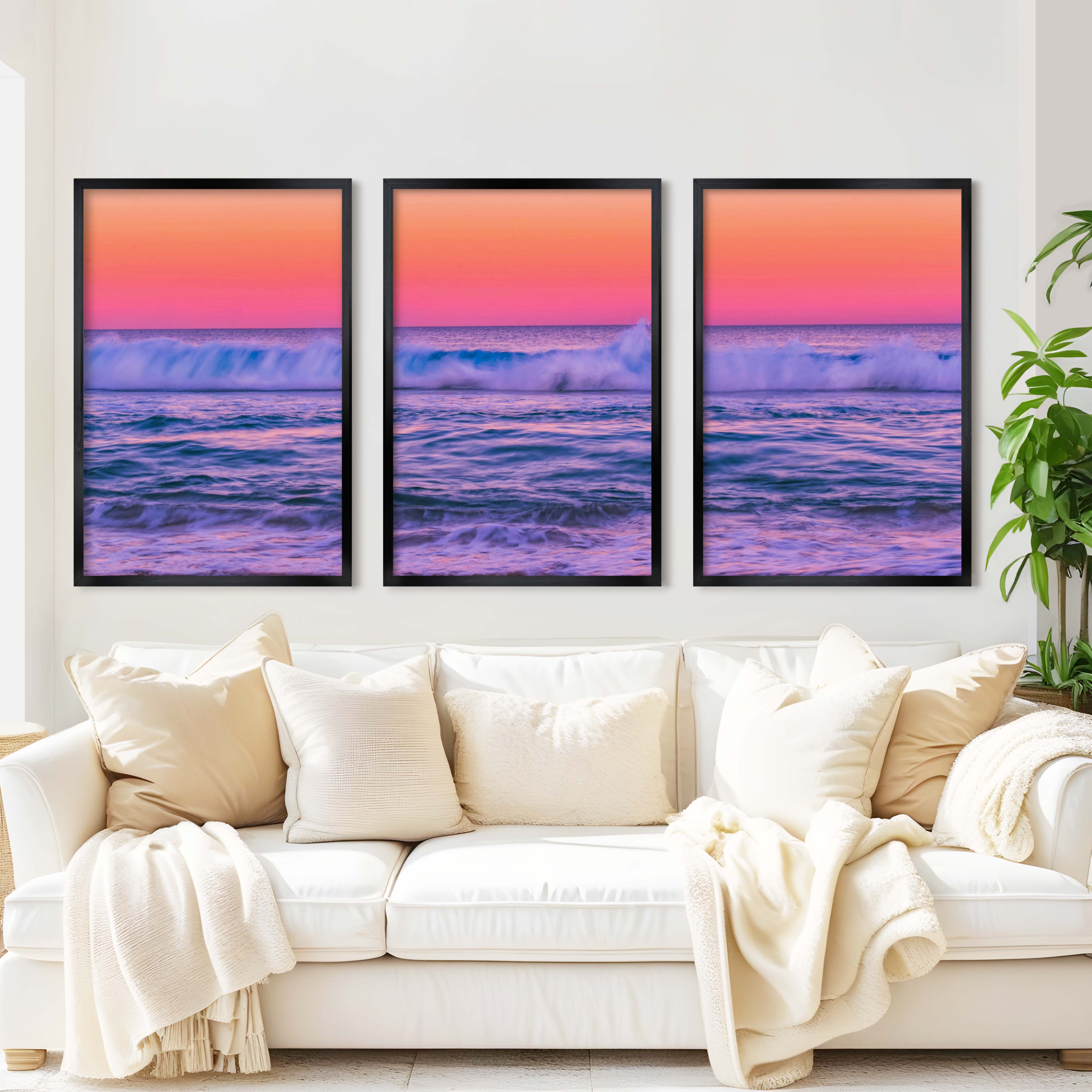 Pink Coastal Wall Art – Ocean Sunset Triptych (3 Prints) - Black Framed Poster No Border - Artworksets