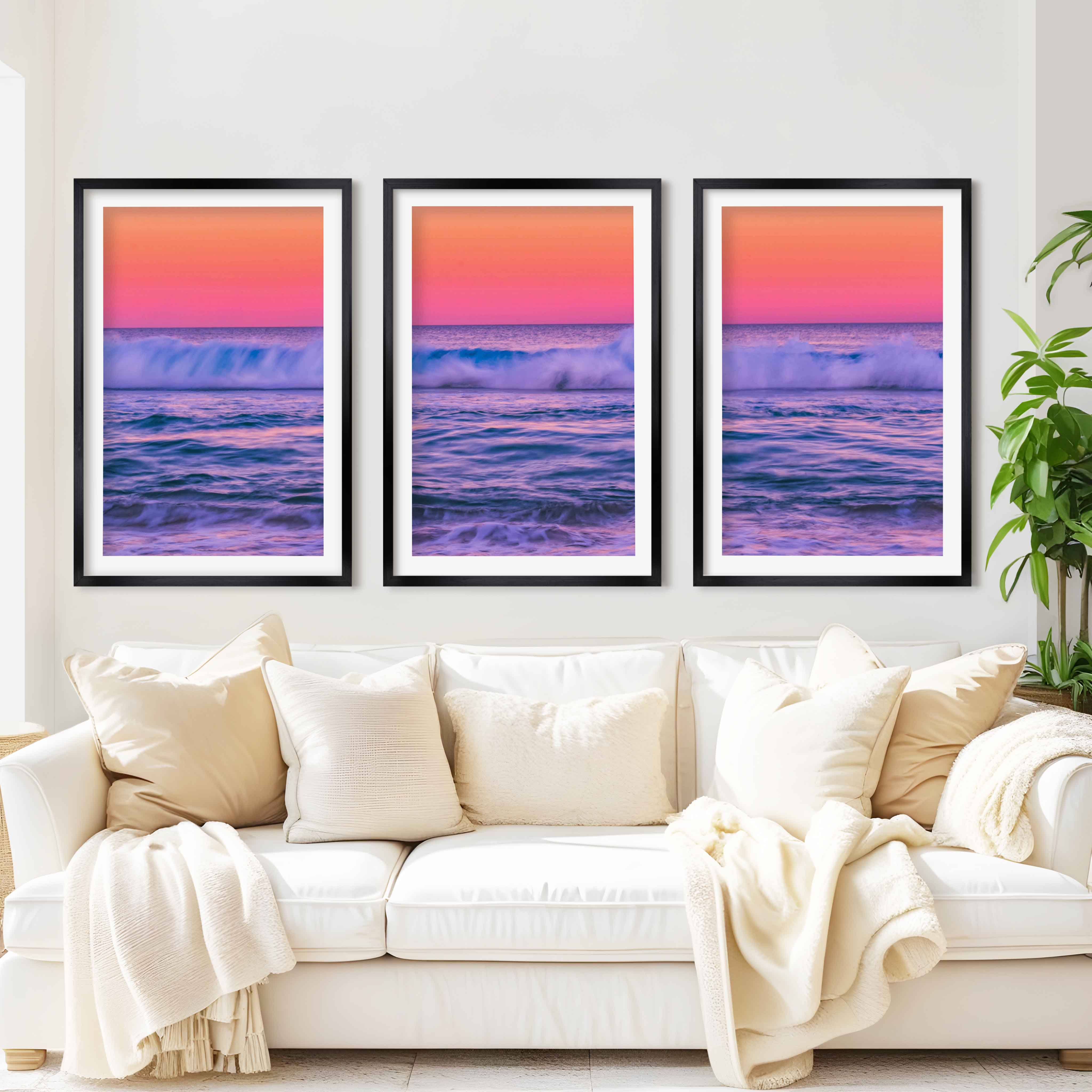 Pink Coastal Wall Art – Ocean Sunset Triptych (3 Prints) - Black Framed Poster with White Border - Artworksets