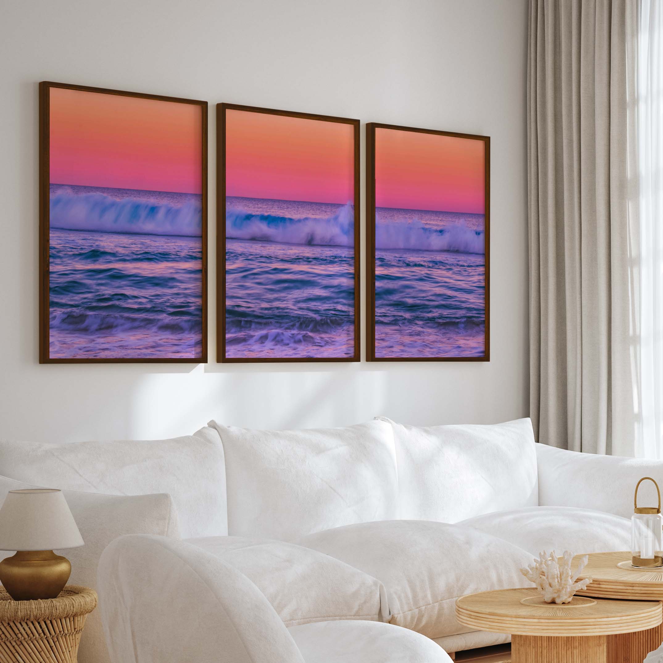 Pink Coastal Wall Art – Ocean Sunset Triptych (3 Prints) - Dark Brown Framed Poster No Border - Artworksets
