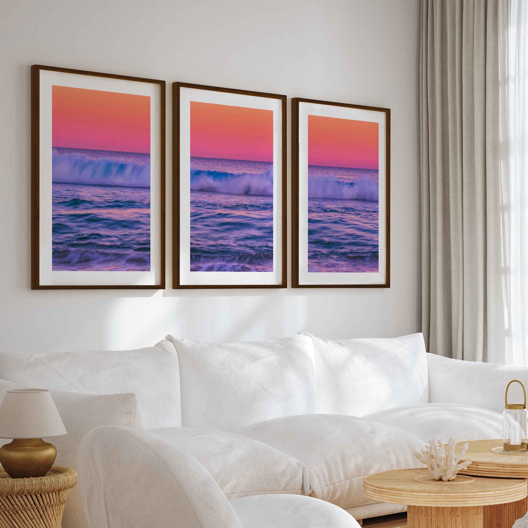 Pink Coastal Wall Art – Ocean Sunset Triptych (3 Prints) - Dark Brown Framed Poster with White Border - Artworksets
