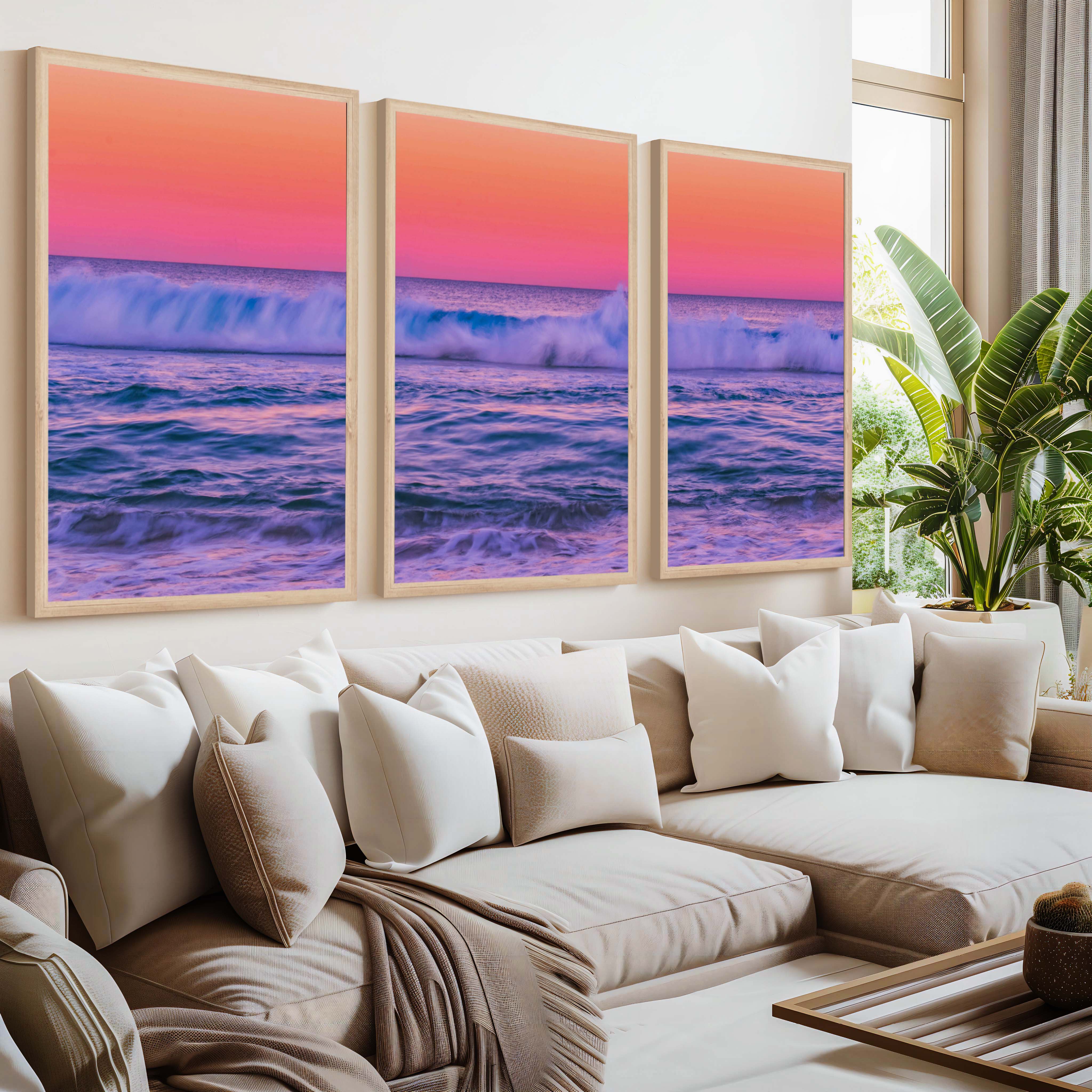 Pink Coastal Wall Art – Ocean Sunset Triptych (3 Prints) - Natural Wood Framed Poster No Border - Artworksets