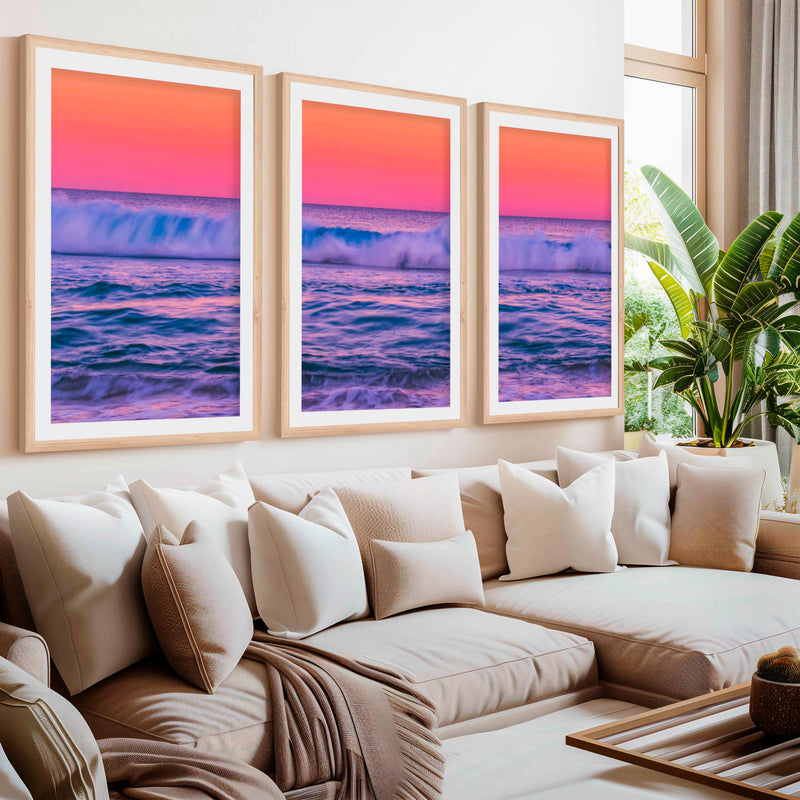 Pink Coastal Wall Art – Ocean Sunset Triptych (3 Prints)- Natural Wood Framed Poster with White Border - Artworksets