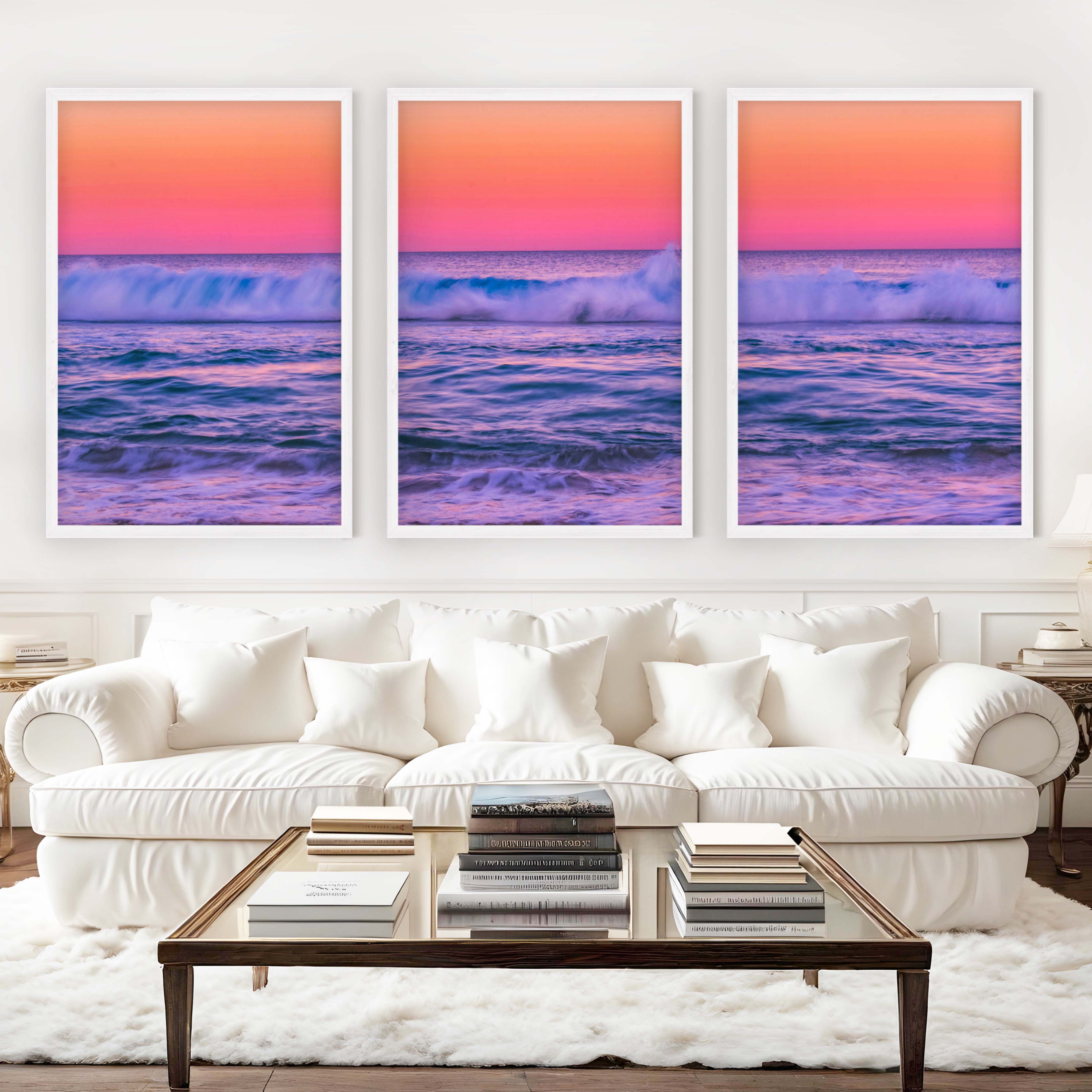 Pink Coastal Wall Art – Ocean Sunset Triptych (3 Prints) - White Framed Poster No Border - Artworksets