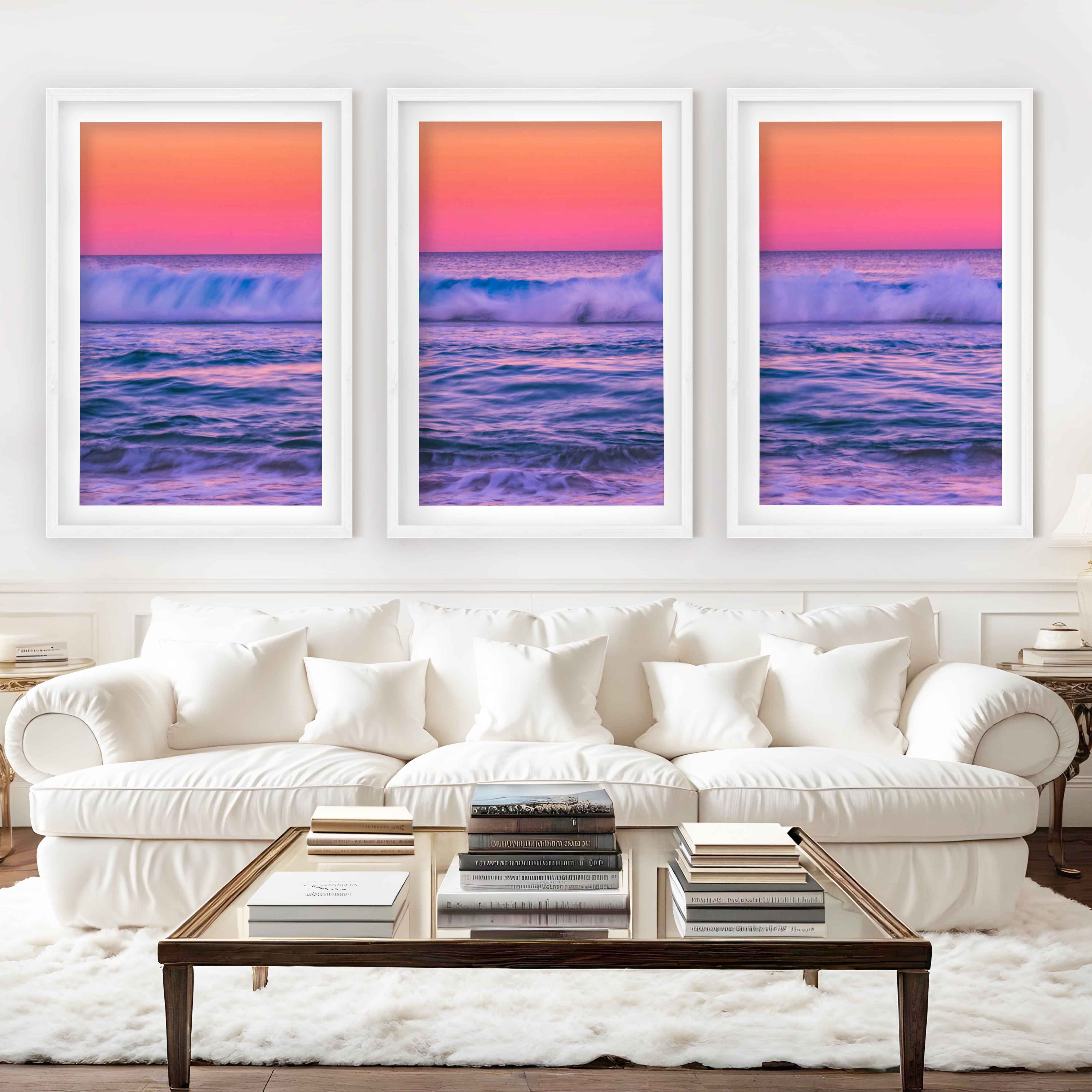 Pink Coastal Wall Art – Ocean Sunset Triptych (3 Prints) - White Framed Poster with White Border - Artworksets