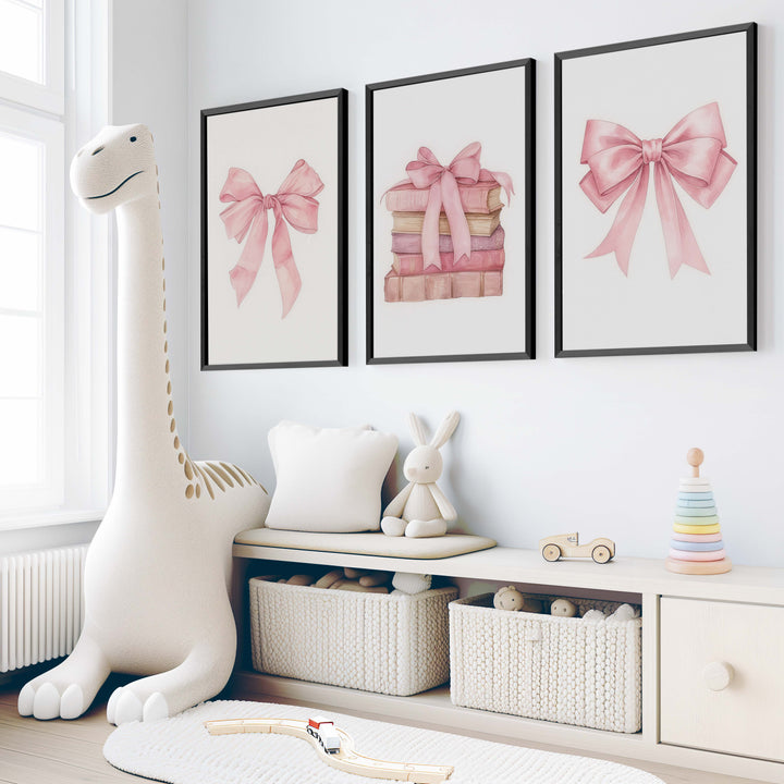 Pink Nursery Art – Bows & Books Watercolor Set (3 Prints) - Black Framed Poster No Border - Artworksets