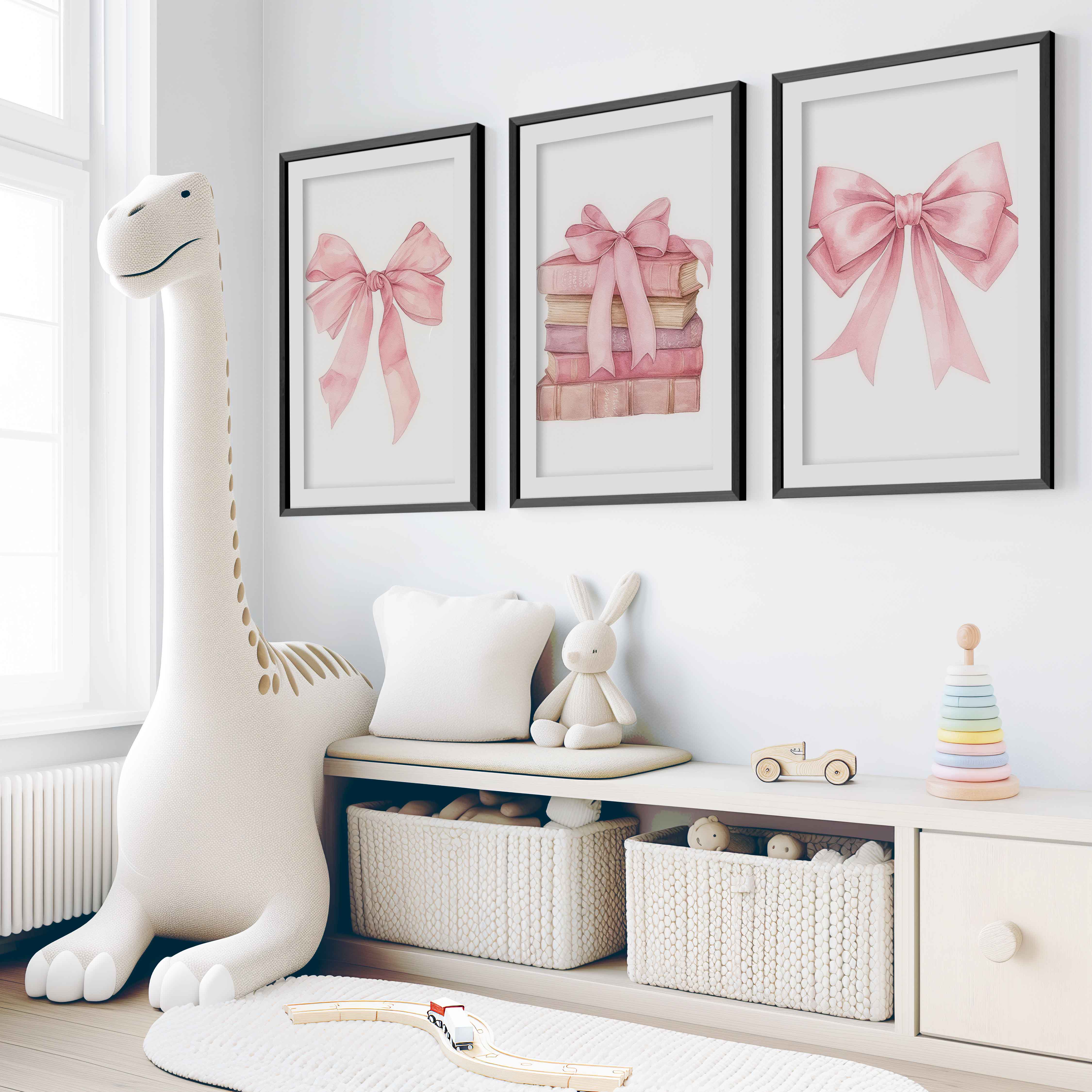 Pink Nursery Art – Bows & Books Watercolor Set (3 Prints) - Black Framed Poster with White Border - Artworksets