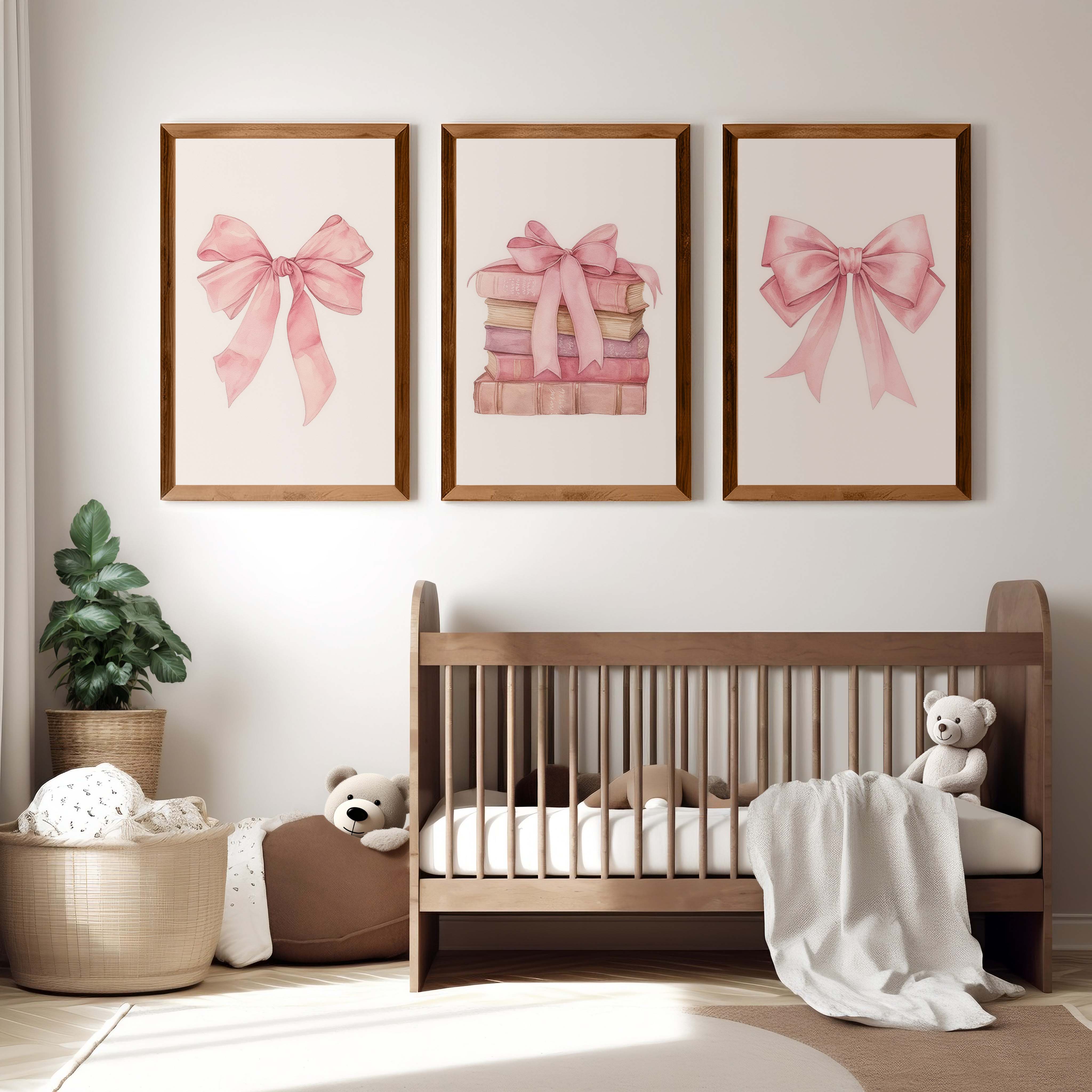 Pink Nursery Art – Bows & Books Watercolor Set (3 Prints) - Dark Brown Framed Poster No Border - Artworksets