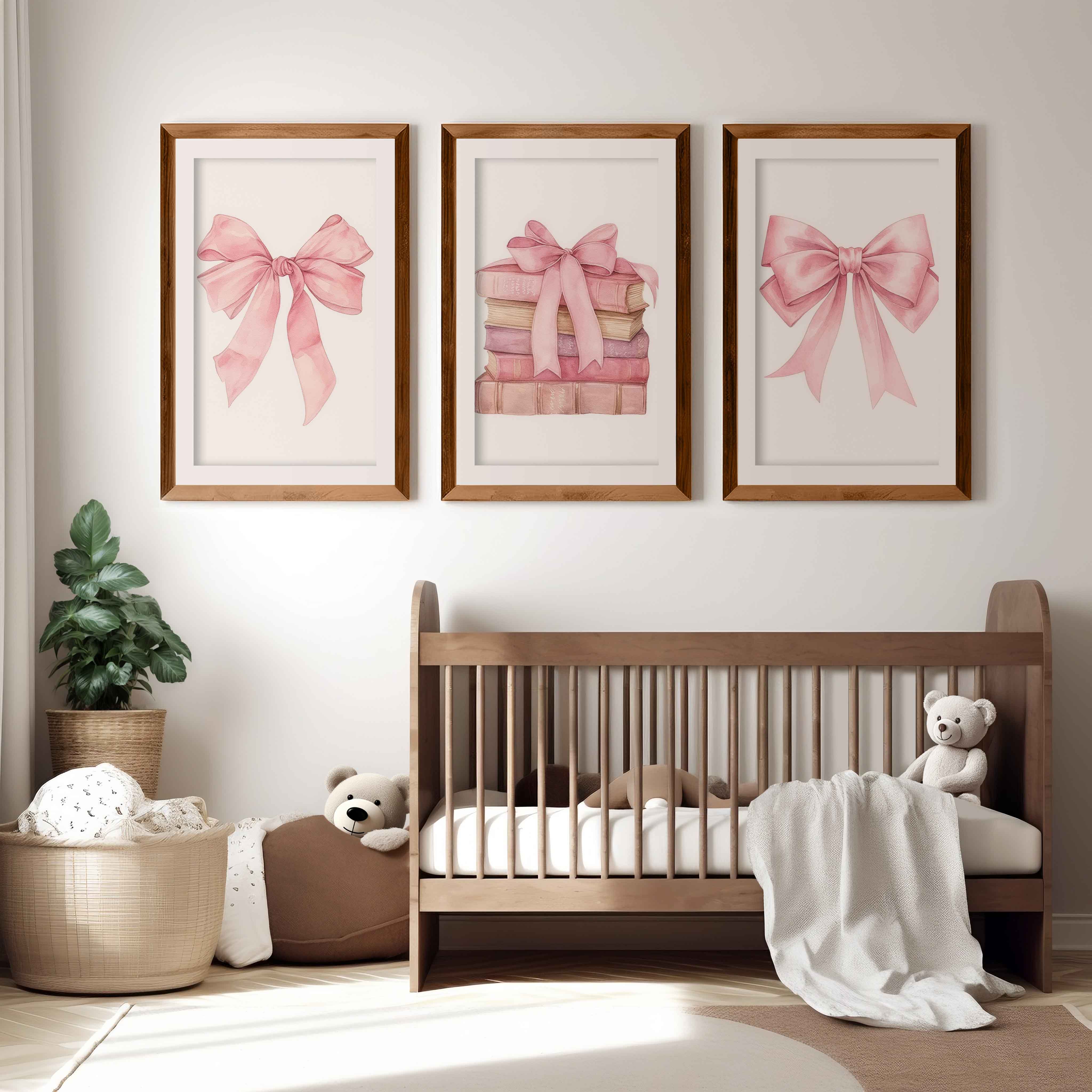 Pink Nursery Art – Bows & Books Watercolor Set (3 Prints) - Dark Brown Framed Poster with White Border - Artworksets