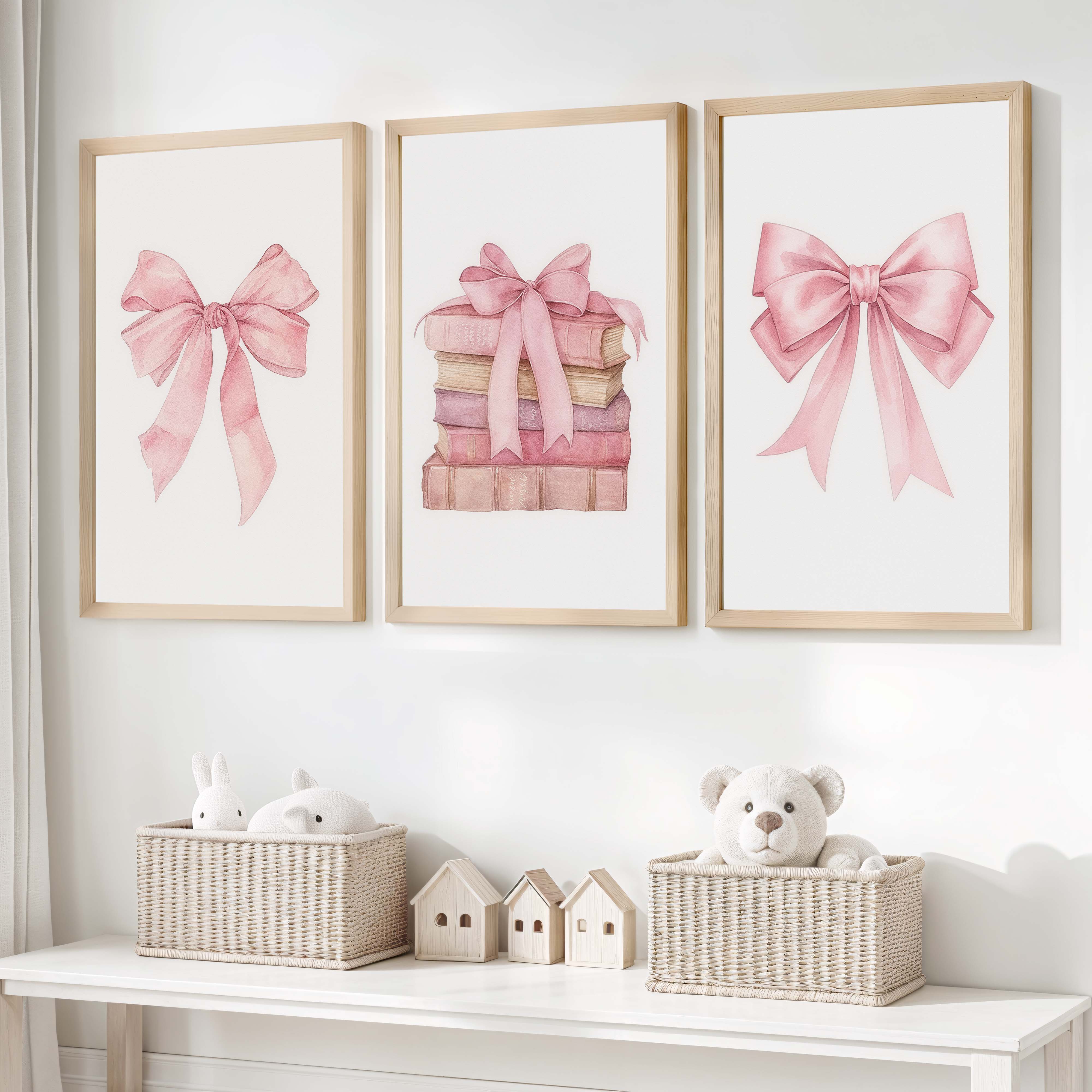 Pink Nursery Art – Bows & Books Watercolor Set (3 Prints) - Natural Wood Framed Poster No Border - Artworksets