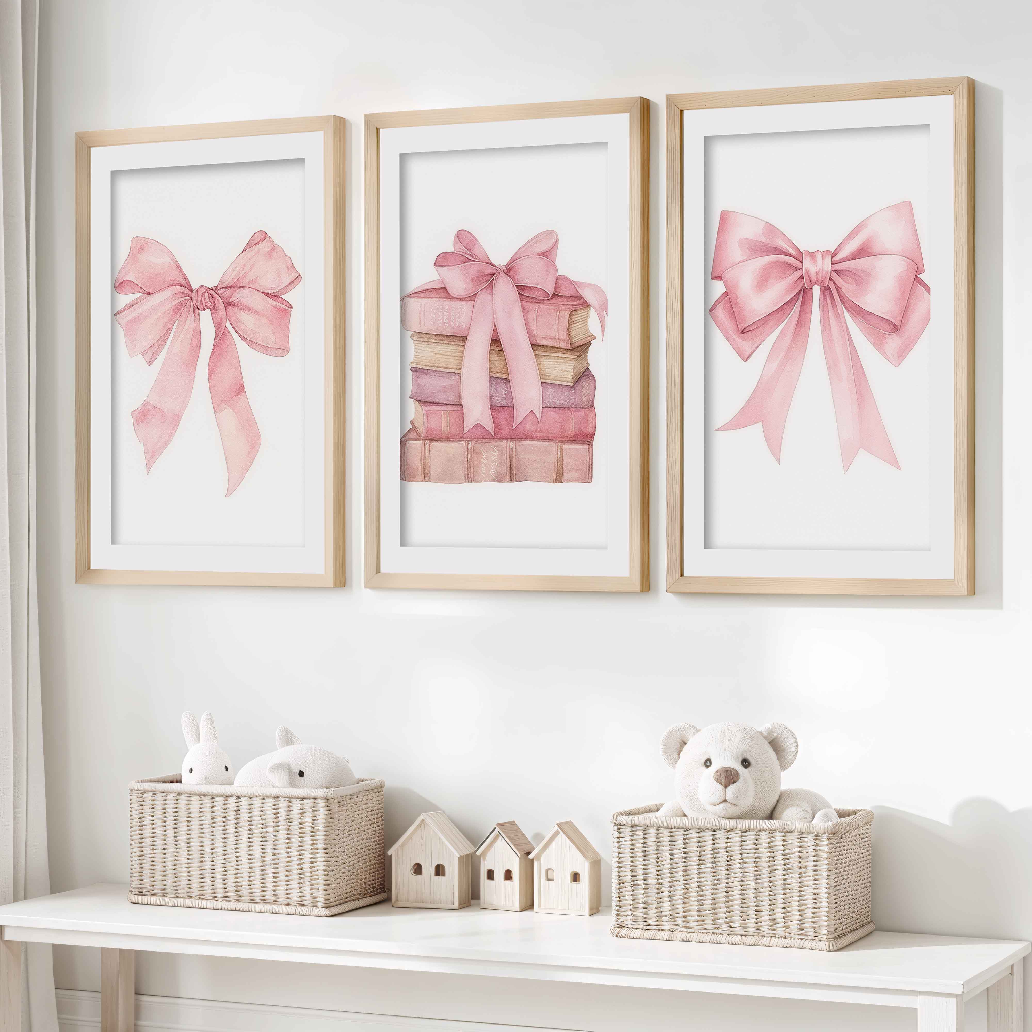Pink Nursery Art – Bows & Books Watercolor Set (3 Prints)- Natural Wood Framed Poster with White Border - Artworksets