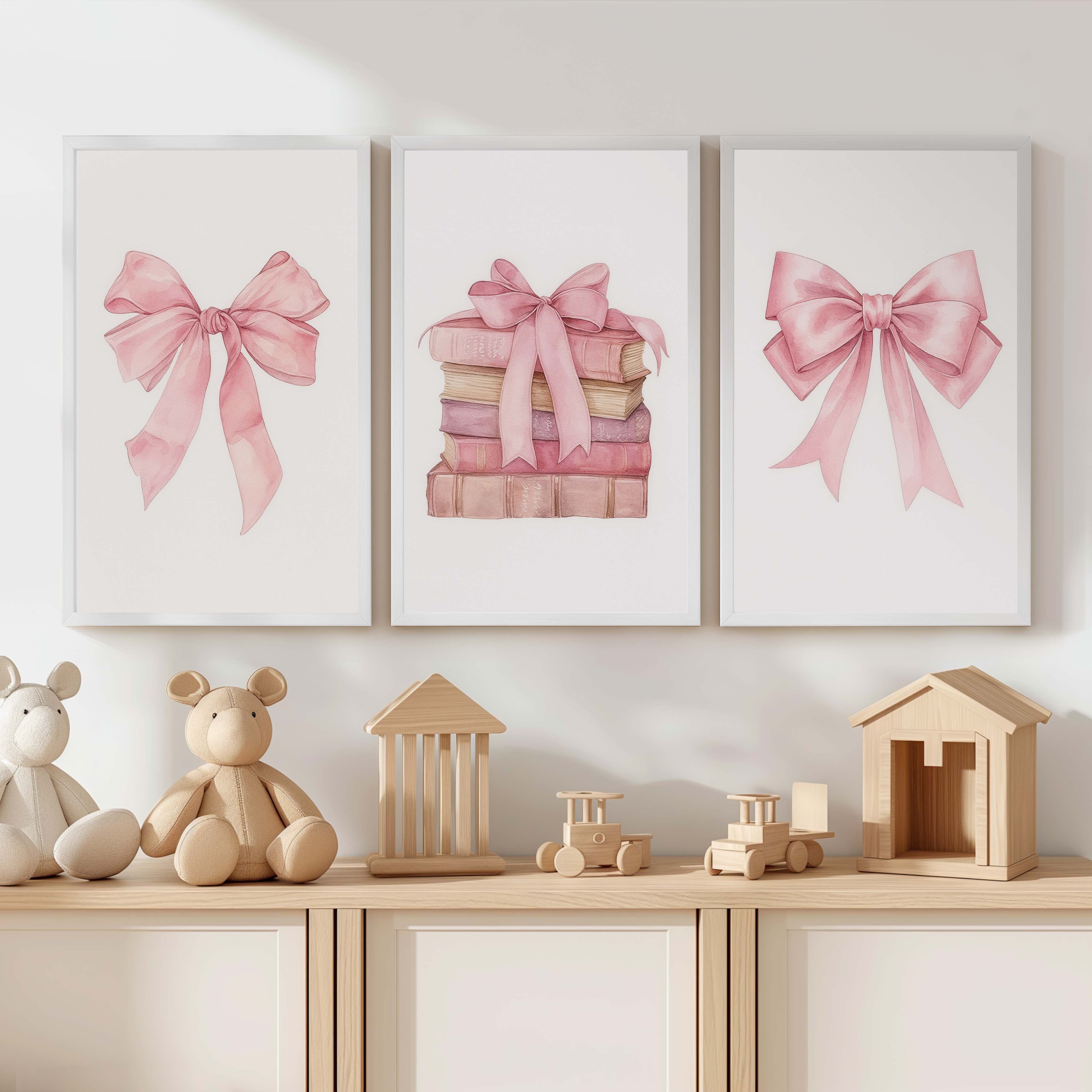 Pink Nursery Art – Bows & Books Watercolor Set (3 Prints) - White Framed Poster No Border - Artworksets