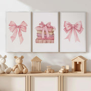 Pink Nursery Art – Bows & Books Watercolor Set (3 Prints) - White Framed Poster No Border - Artworksets