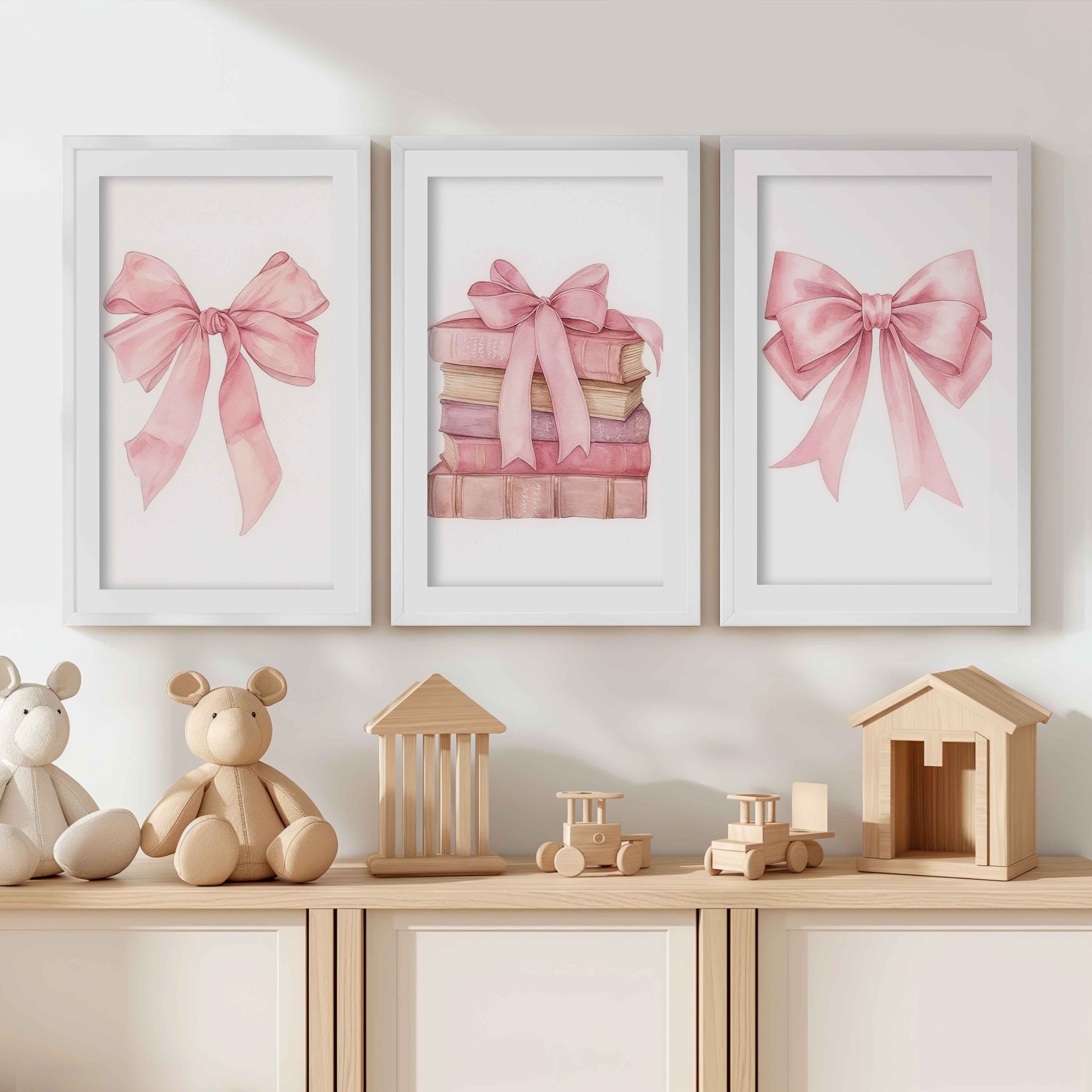 Pink Nursery Art – Bows & Books Watercolor Set (3 Prints) - White Framed Poster with White Border - Artworksets