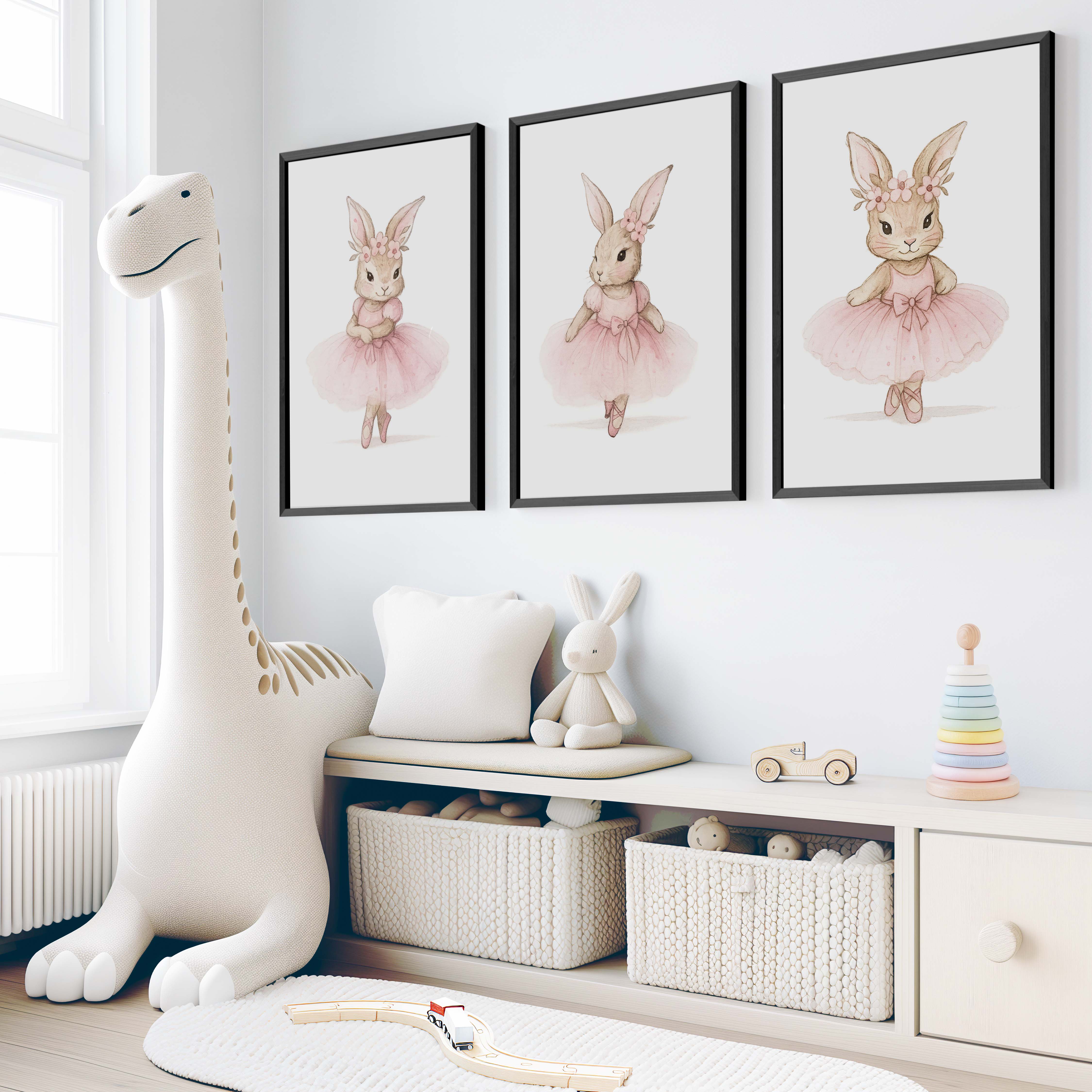Pink Nursery Wall Art – Bunny Ballerina Set (3 Prints) - Black Framed Poster No Border - Artworksets