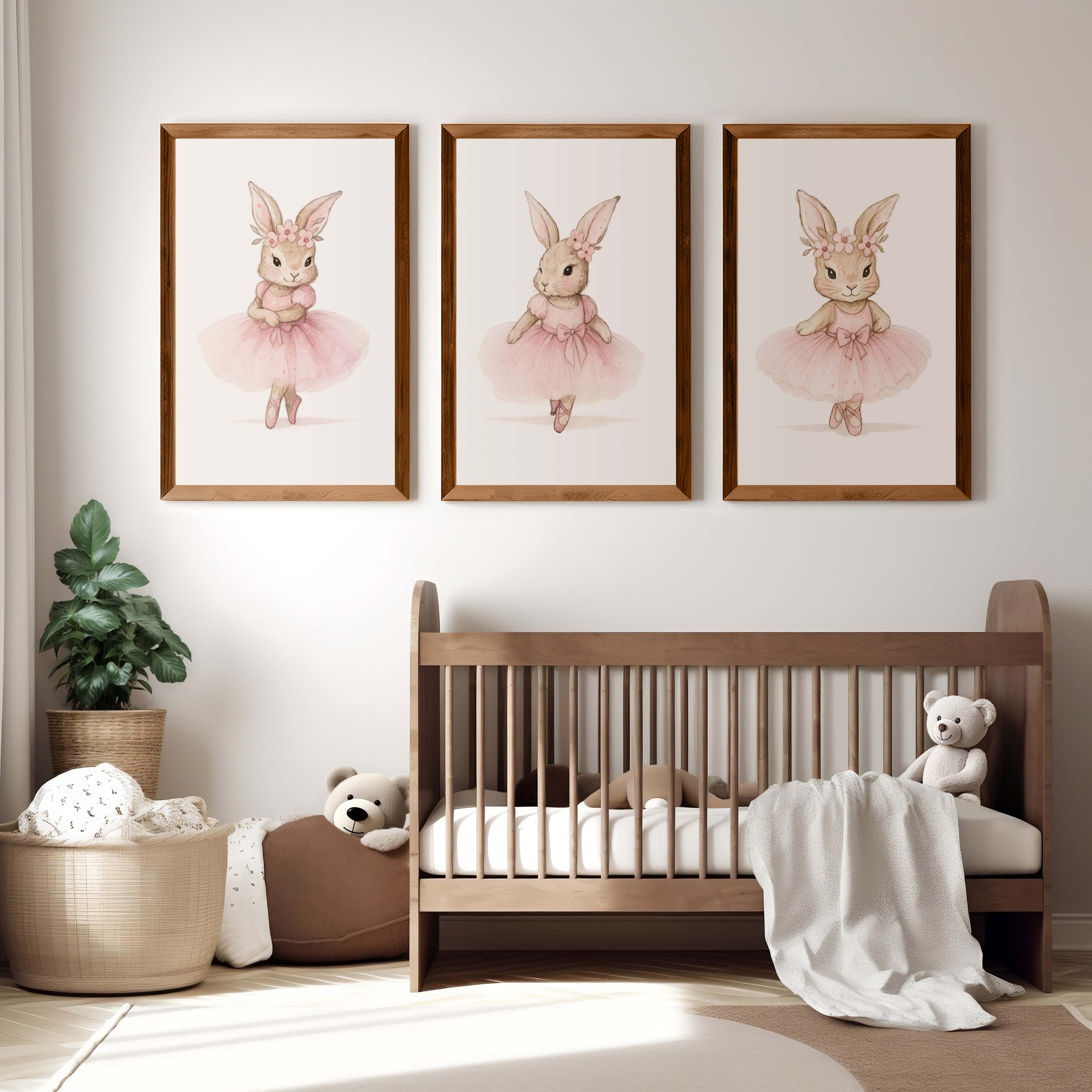 Pink Nursery Wall Art – Bunny Ballerina Set (3 Prints) - Dark Brown Framed Poster No Border - Artworksets