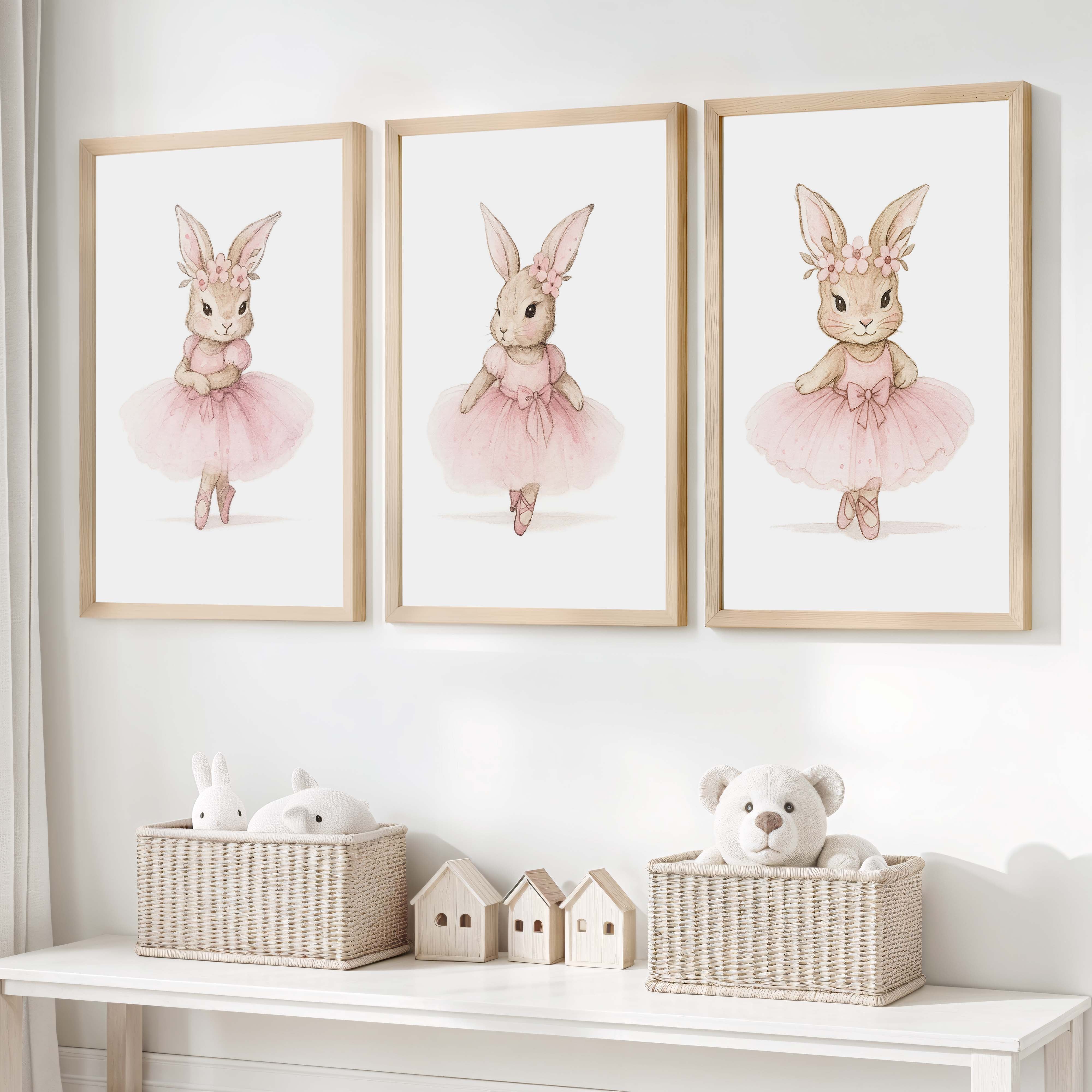 Pink Nursery Wall Art – Bunny Ballerina Set (3 Prints) - Natural Wood Framed Poster No Border - Artworksets