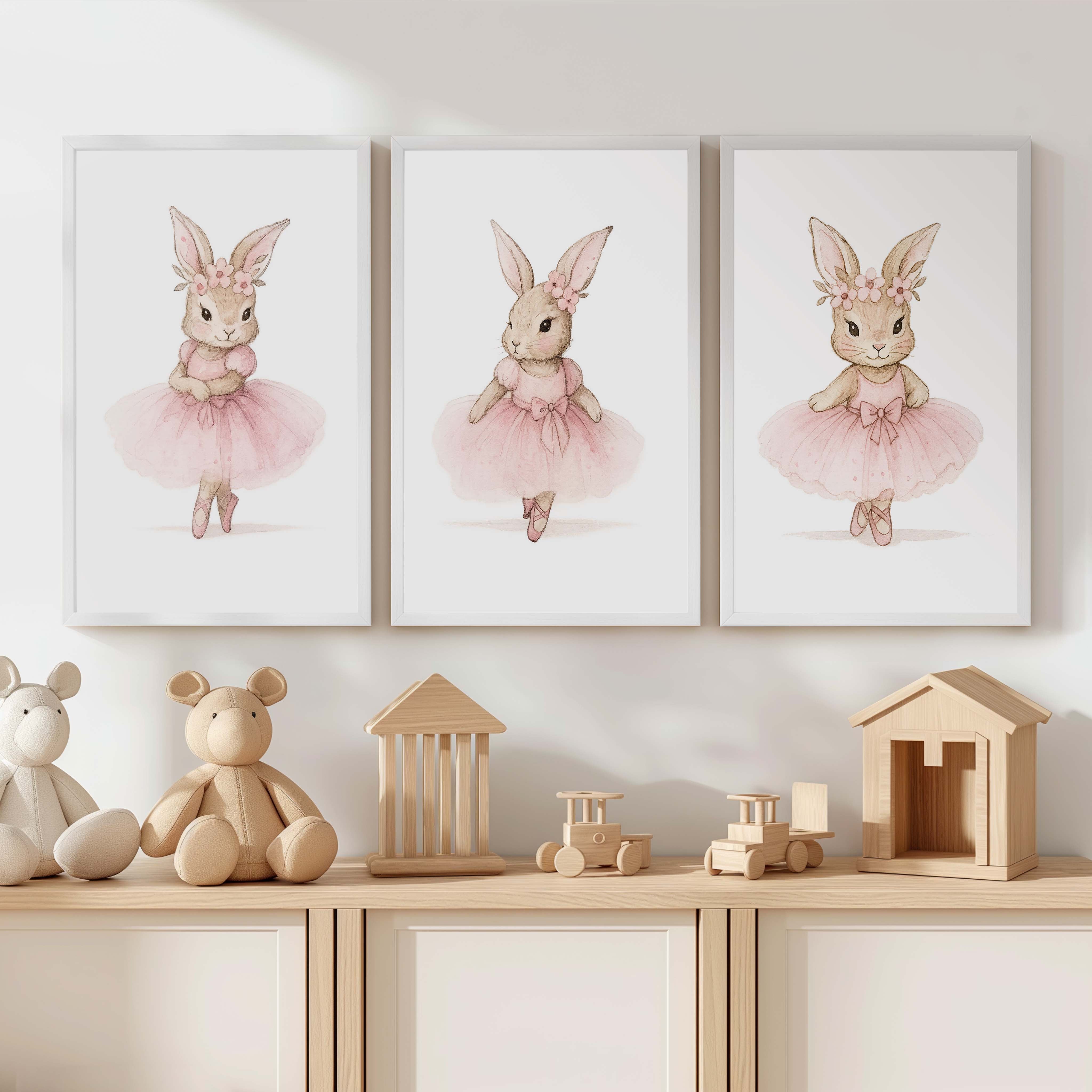 Pink Nursery Wall Art – Bunny Ballerina Set (3 Prints) - White Framed Poster No Border - Artworksets