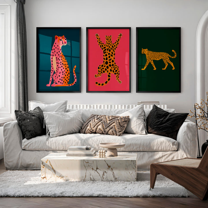 Cheetah Set in Pink Retro Wall Art - Black Framed Poster No Border - Artworksets