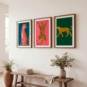 Cheetah Set in Pink Retro Wall Art - Dark Brown Framed Poster with White Border - Artworksets
