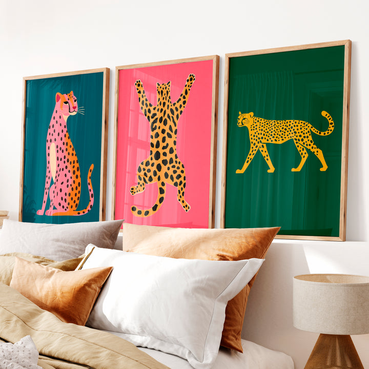 Cheetah Set in Pink Retro Wall Art - Natural Wood Framed Poster No Border - Artworksets