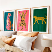 Cheetah Set in Pink Retro Wall Art- Natural Wood Framed Poster with White Border - Artworksets