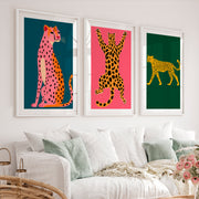 Cheetah Set in Pink Retro Wall Art - White Framed Poster with White Border - Artworksets