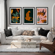 Pink Retro Wall Art Featuring Stylized Cheetahs - Black Framed Poster with White Border - Artworksets
