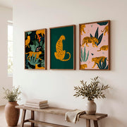 Pink Retro Wall Art Featuring Stylized Cheetahs - Dark Brown Framed Poster No Border - Artworksets