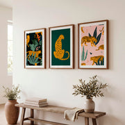 Pink Retro Wall Art Featuring Stylized Cheetahs - Dark Brown Framed Poster with White Border - Artworksets