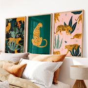 Pink Retro Wall Art Featuring Stylized Cheetahs - Natural Wood Framed Poster No Border - Artworksets