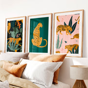 Pink Retro Wall Art Featuring Stylized Cheetahs- Natural Wood Framed Poster with White Border - Artworksets
