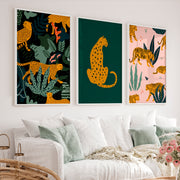 Pink Retro Wall Art Featuring Stylized Cheetahs - White Framed Poster No Border - Artworksets