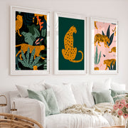 Pink Retro Wall Art Featuring Stylized Cheetahs - White Framed Poster with White Border - Artworksets
