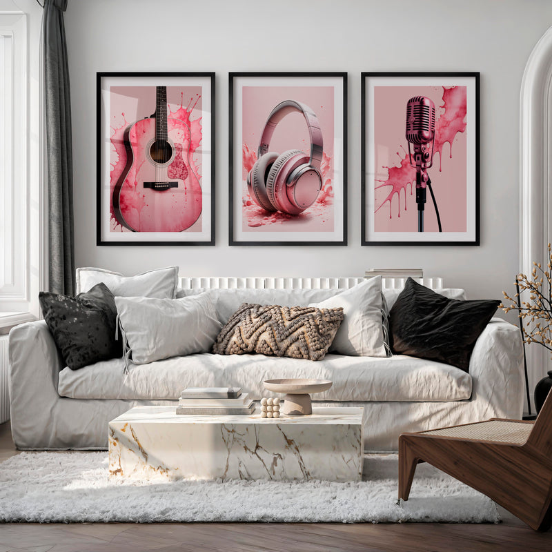 Pink Music pink retro wall art - Black Framed Poster with White Border - Artworksets