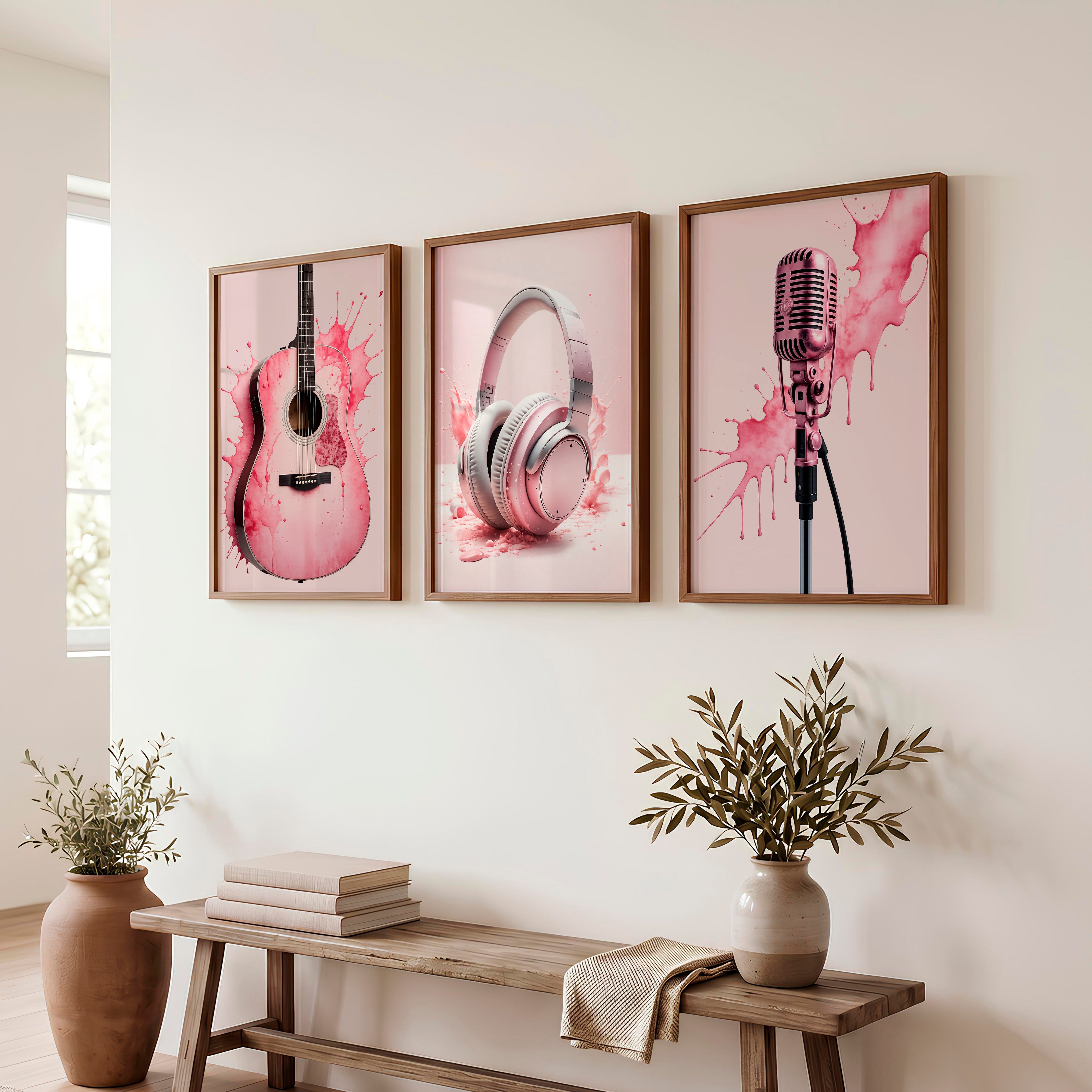 Pink Music pink retro wall art - Dark Brown Framed Poster No Border - Artworksets