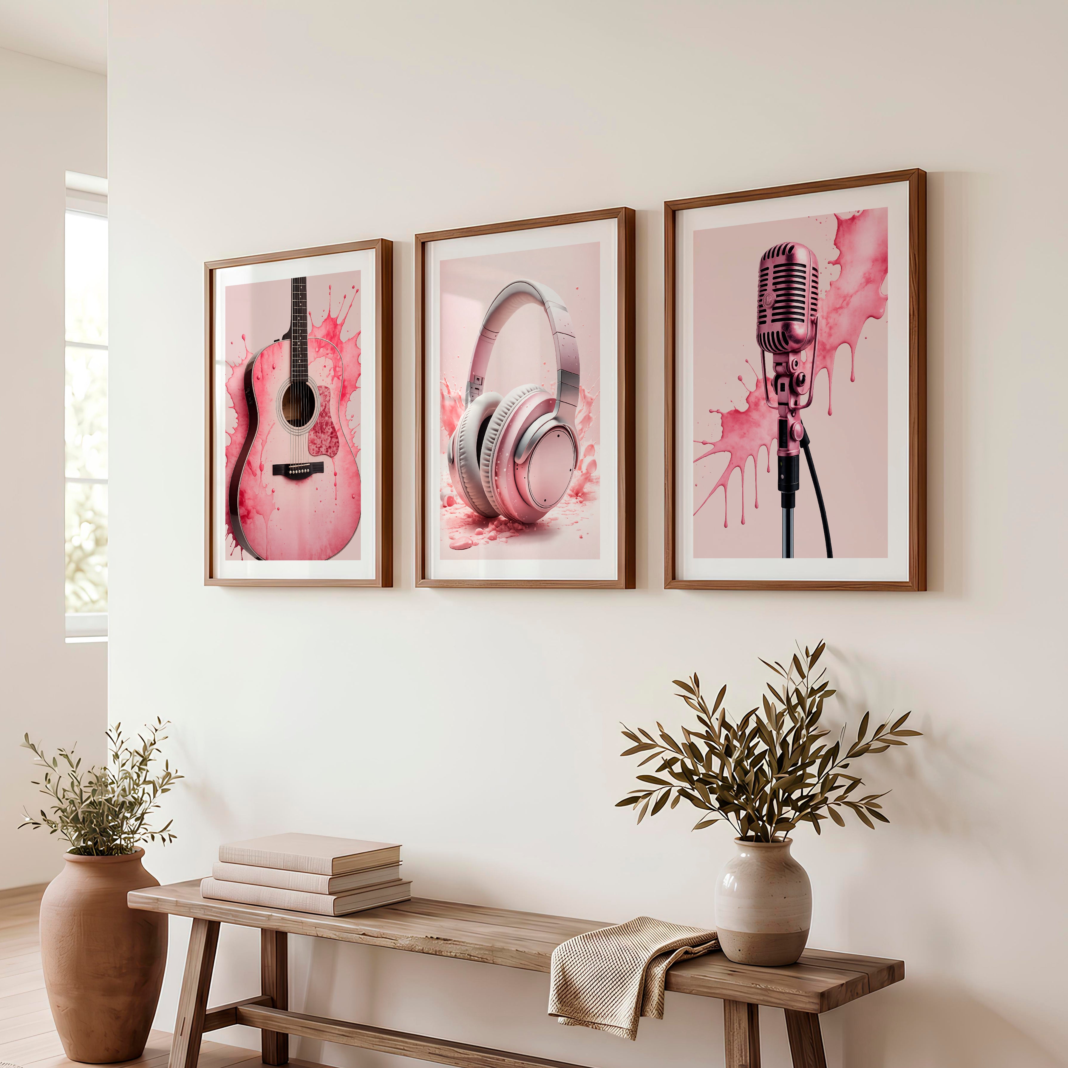 Pink Music pink retro wall art - Dark Brown Framed Poster with White Border - Artworksets